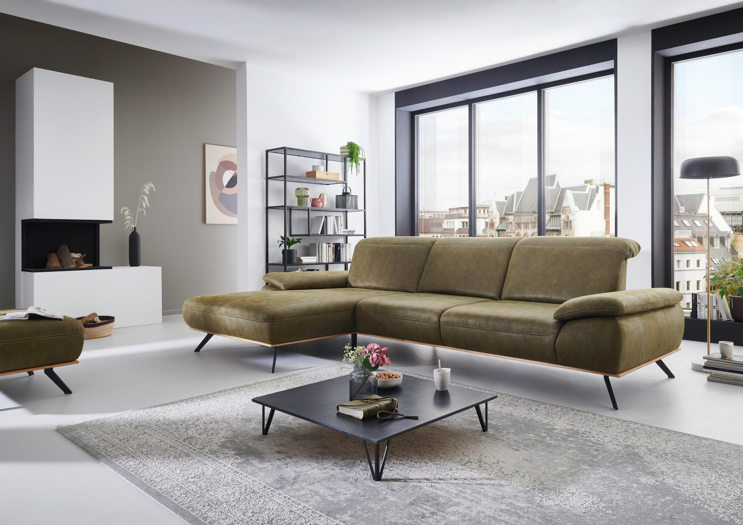 ECKSOFA Grün Mikrofaser  - Wildeiche/Beige, Natur, Holz/Textil (201/322cm) - Voleo