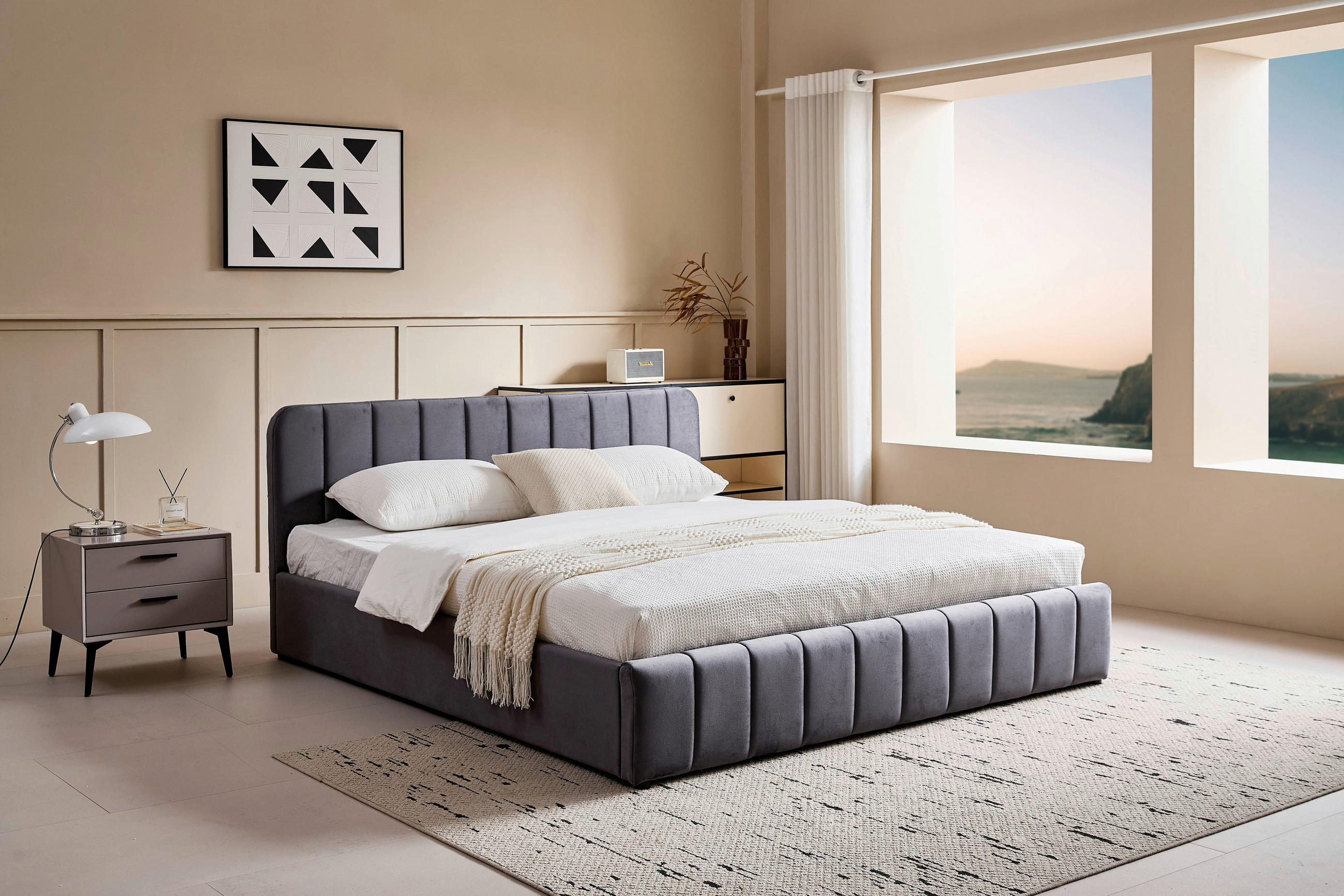 POLSTERBETT 140/200 cm, inkl. gepolstertes Kopfteil, Lattenrost, Bettkasten,  in Grau  - Schwarz/Naturfarben, Design, Holz/Kunststoff (140/200cm) - Boxxx