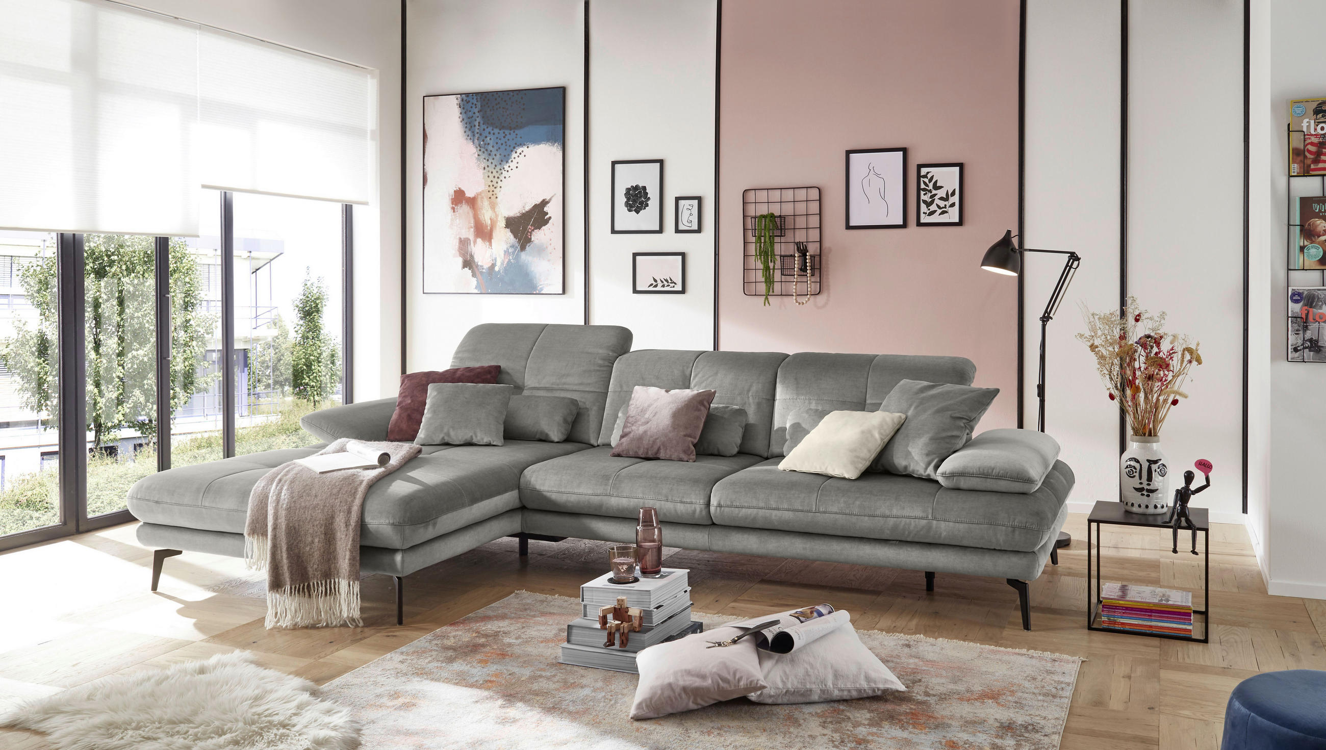 ECKSOFA Alufarben Velours  - Schwarz/Alufarben, KONVENTIONELL, Textil/Metall (192/329cm) - SetOne by Musterring
