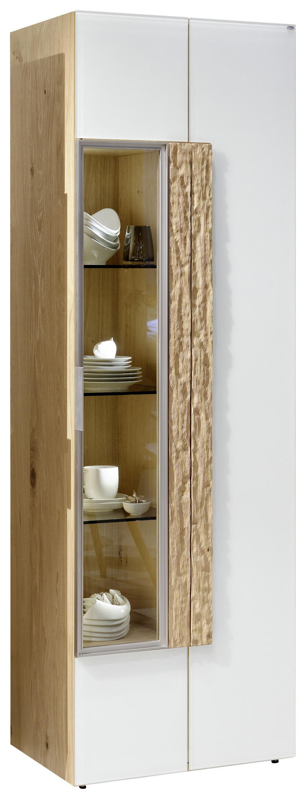 Vitrine in furniert, mehrschichtige Massivholzplatte (Tischlerplatte) Altholz, Eiche Weiß, Eichefarben