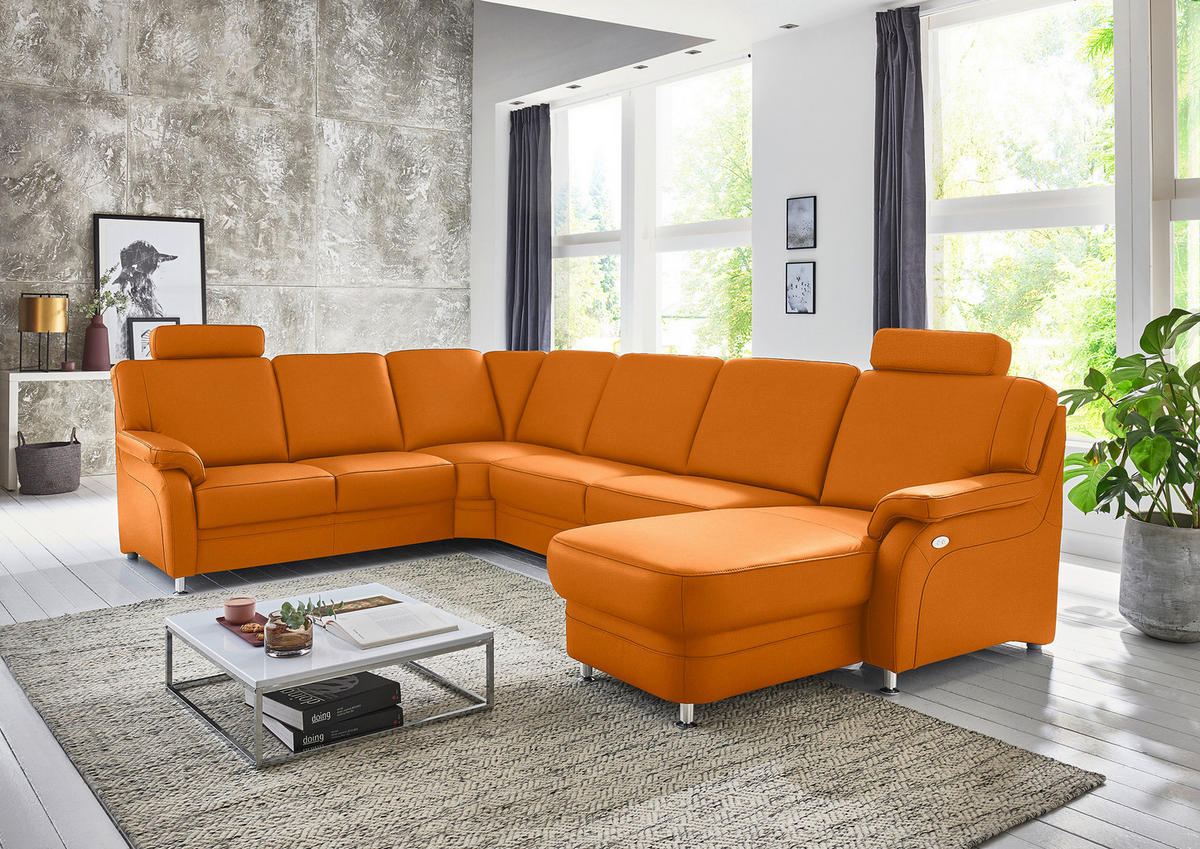 WOHNLANDSCHAFT Echtleder Orange  - Alufarben/Orange, Konventionell, Leder/Metall (239/329/165cm) - Beldomo Premium