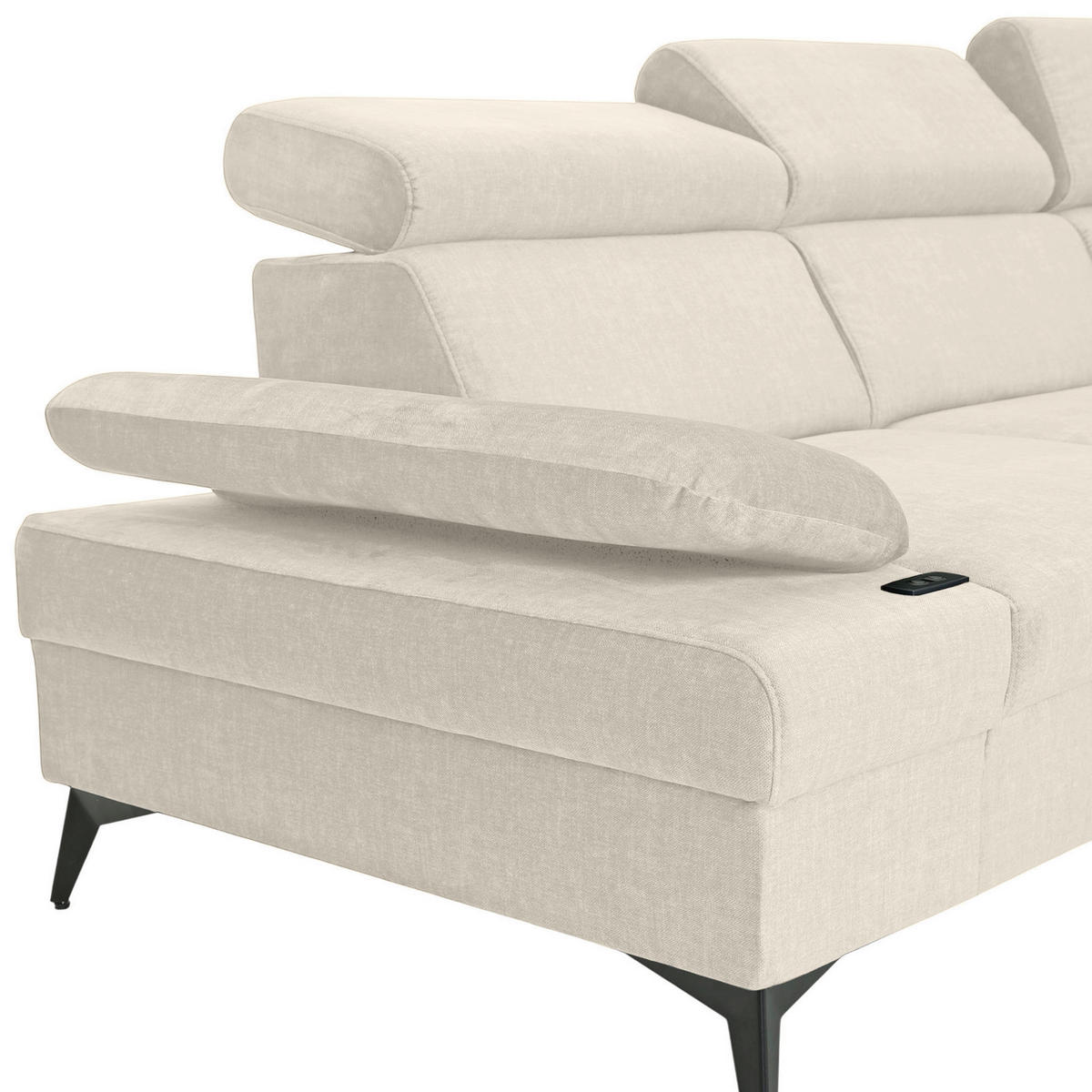 ECKSOFA Greige Flachgewebe Rücken echt, Kopfteilverstellung, Sitzvorzug  - Greige/Schwarz, MODERN, Textil/Metall (258/210cm) - Landscape