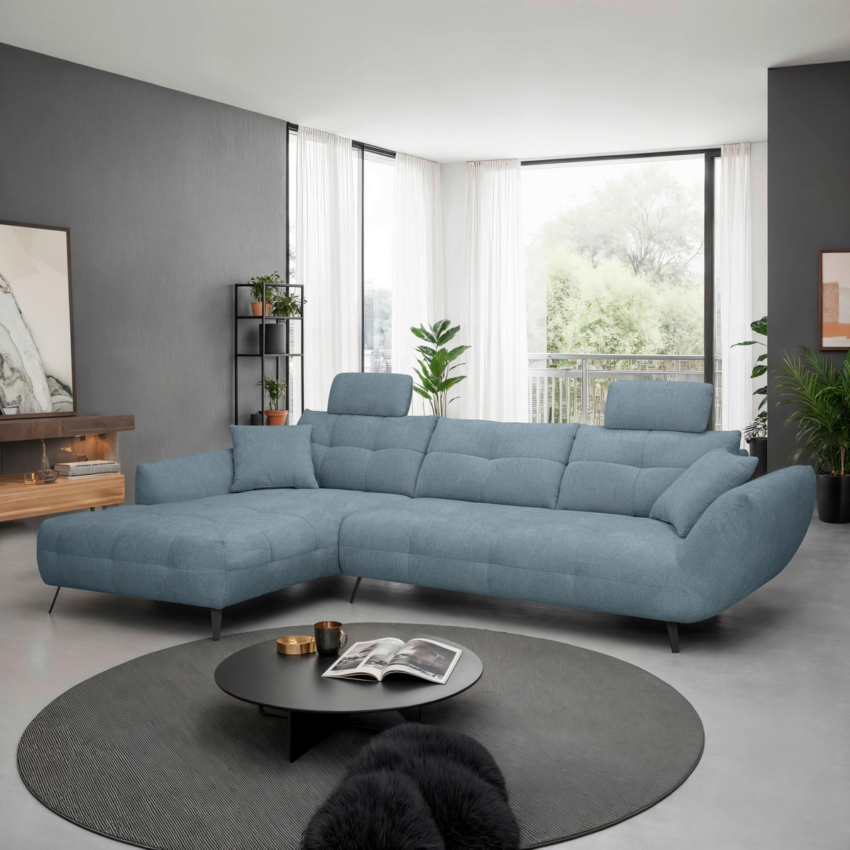 ECKSOFA Blaugrau Chenille Armlehnenkissen, Rücken echt, Sitztiefenverstellung  - Blaugrau/Schwarz, KONVENTIONELL, Textil/Metall (215/313cm) - Hom`in