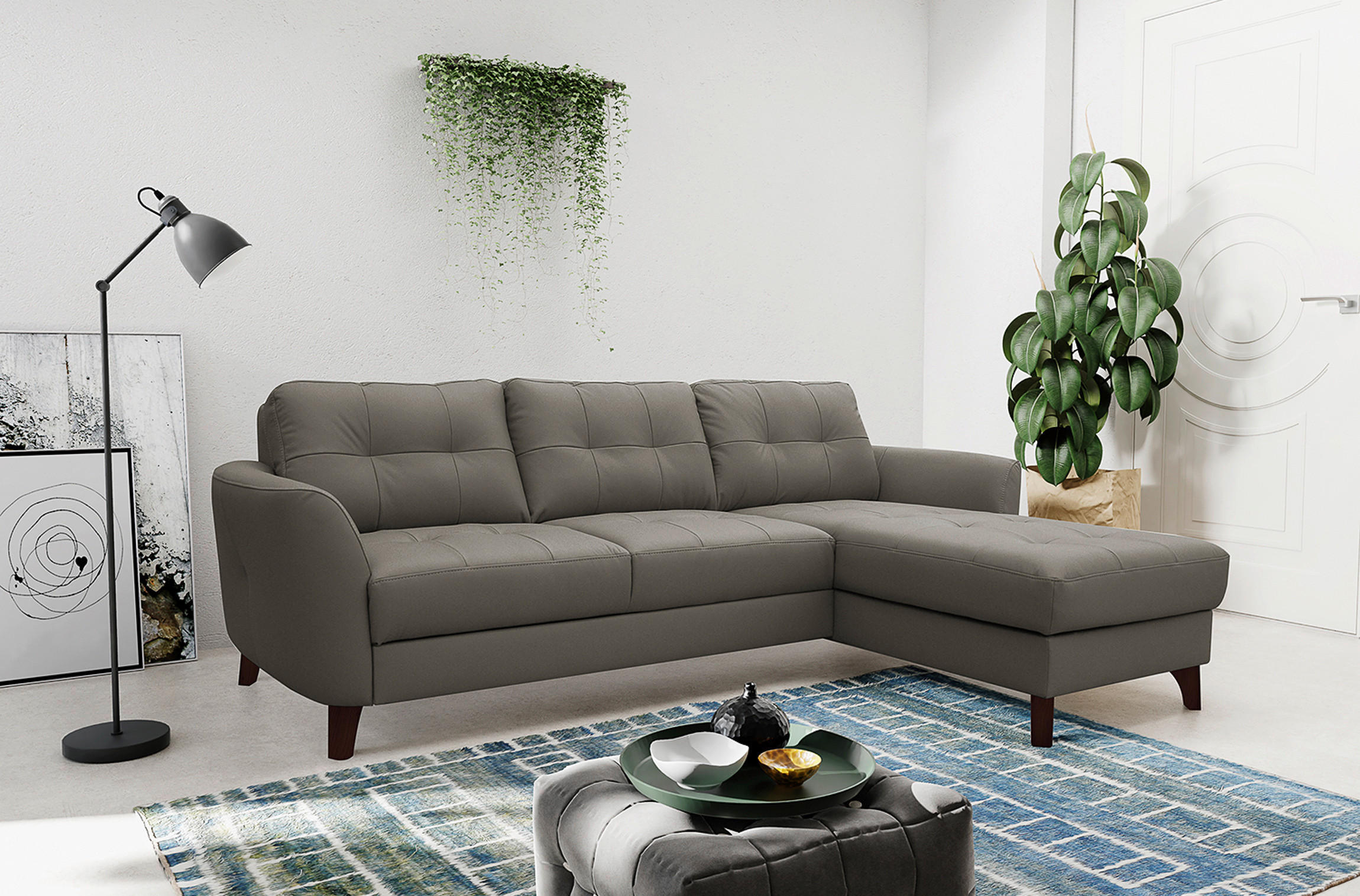 ECKSOFA Schlammfarben Echtleder Lederlook  - Schlammfarben/Buchefarben, Design, Leder/Holz (238/168cm) - Livetastic
