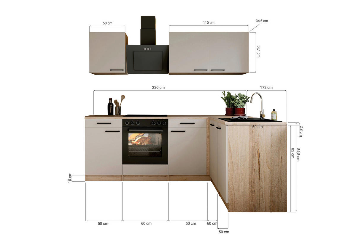 ECKKÜCHE Merle 220/172 cm  in Kaschmir  - Kaschmir/Eichefarben, Trend, Holzwerkstoff/Metall (220/172cm) - Respekta