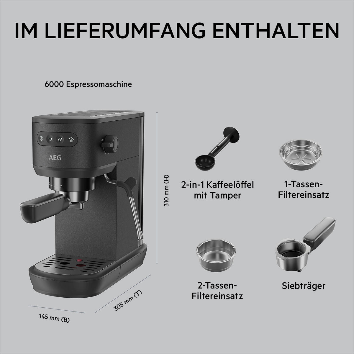 ESPRESSOMASCHINE Design Collection  - Schwarz, Basics, Metall (14,8/40,1/30,6cm) - AEG