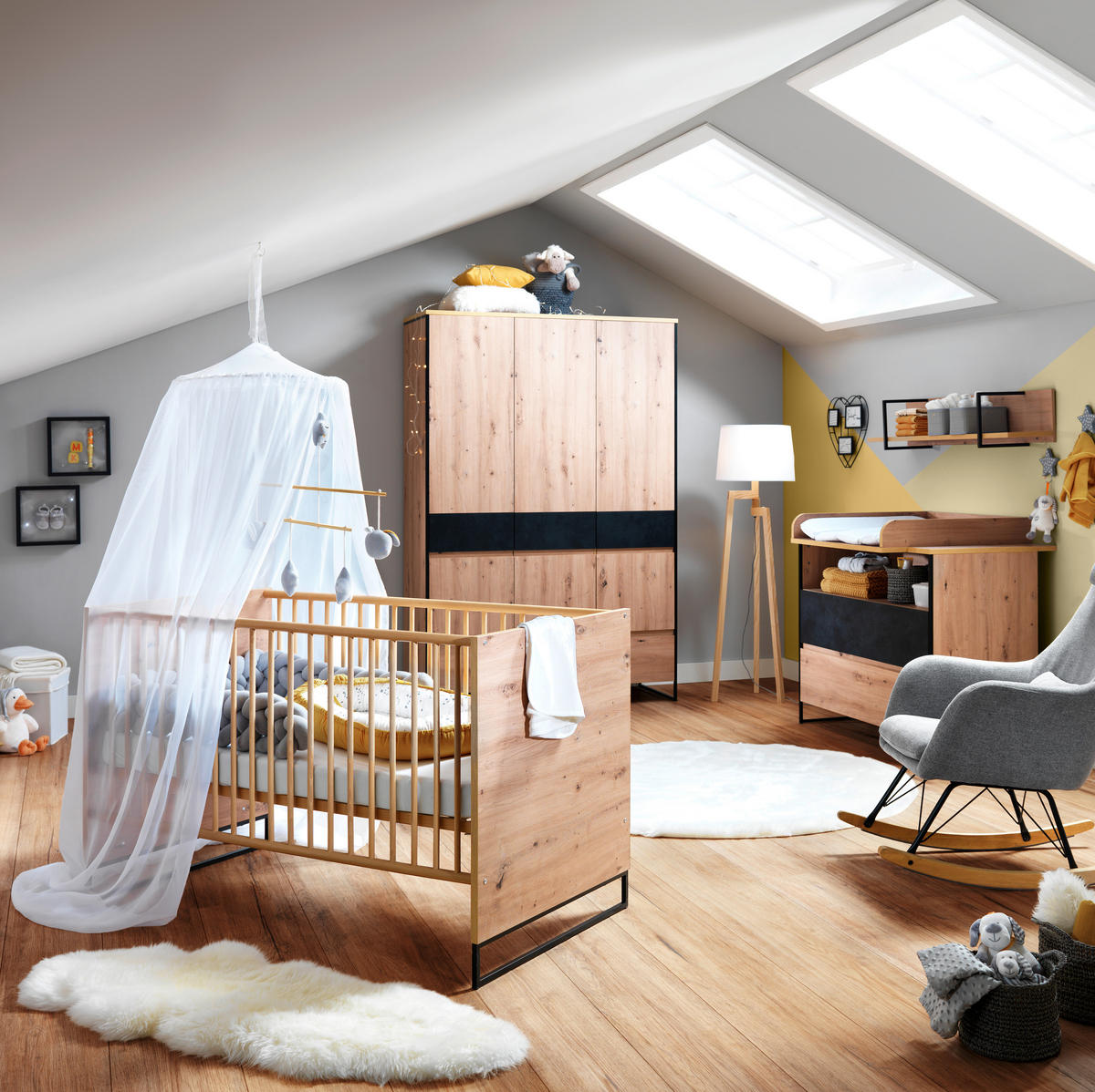 GITTERBETT Yunai 144,6/78/83,5 cm  - Eichefarben/Anthrazit, Trend, Holzwerkstoff/Metall (144,6/78/83,5cm) - My Baby Lou