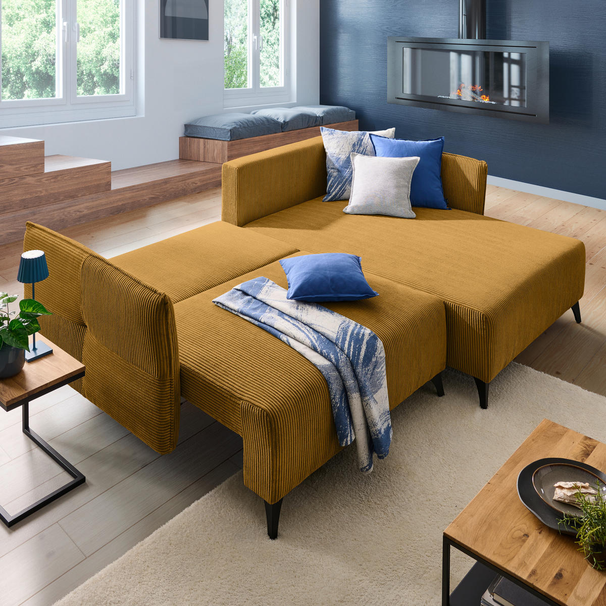 ECKSOFA Senfgelb Cord  - Senfgelb/Schwarz, Design, Textil/Metall (254/175cm) - Stylife