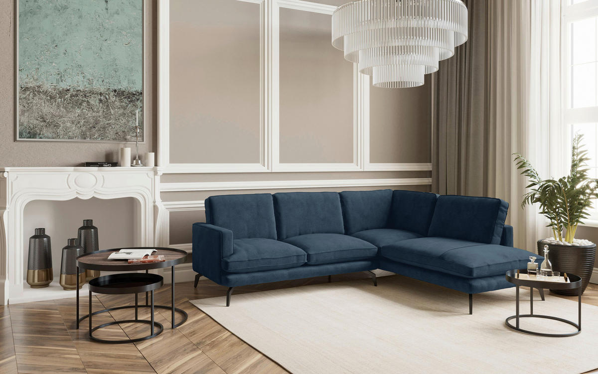 ECKSOFA in Flachgewebe Dunkelblau  - Schwarz/Dunkelblau, Design, Textil/Metall (250/202cm) - Livetastic