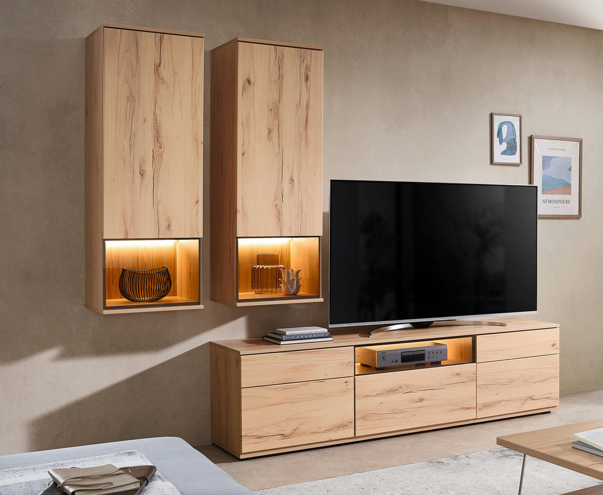 WOHNWAND  in Buchefarben  255/215/45 cm  - Buchefarben/Schwarz, KONVENTIONELL, Glas/Holzwerkstoff (255/215/45cm) - Venda