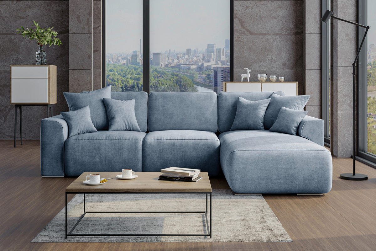 ECKSOFA in Samt Blau  293/195 cm  - Chromfarben/Blau, KONVENTIONELL, Kunststoff/Textil (293/195cm) - Carryhome