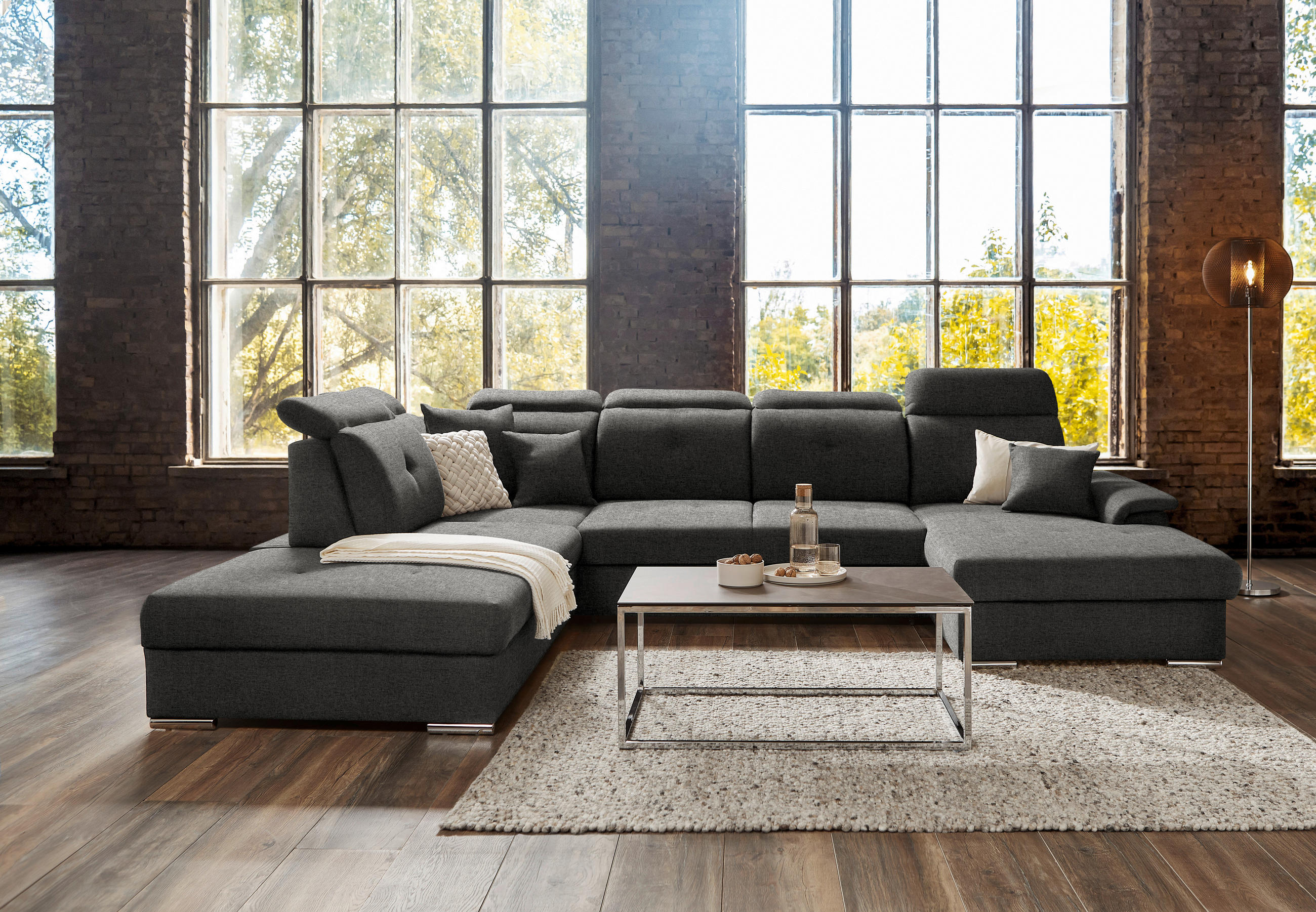 WOHNLANDSCHAFT in Flachgewebe Graubraun  - Graubraun/Silberfarben, Design, Kunststoff/Textil (263/365/187cm) - Cantus