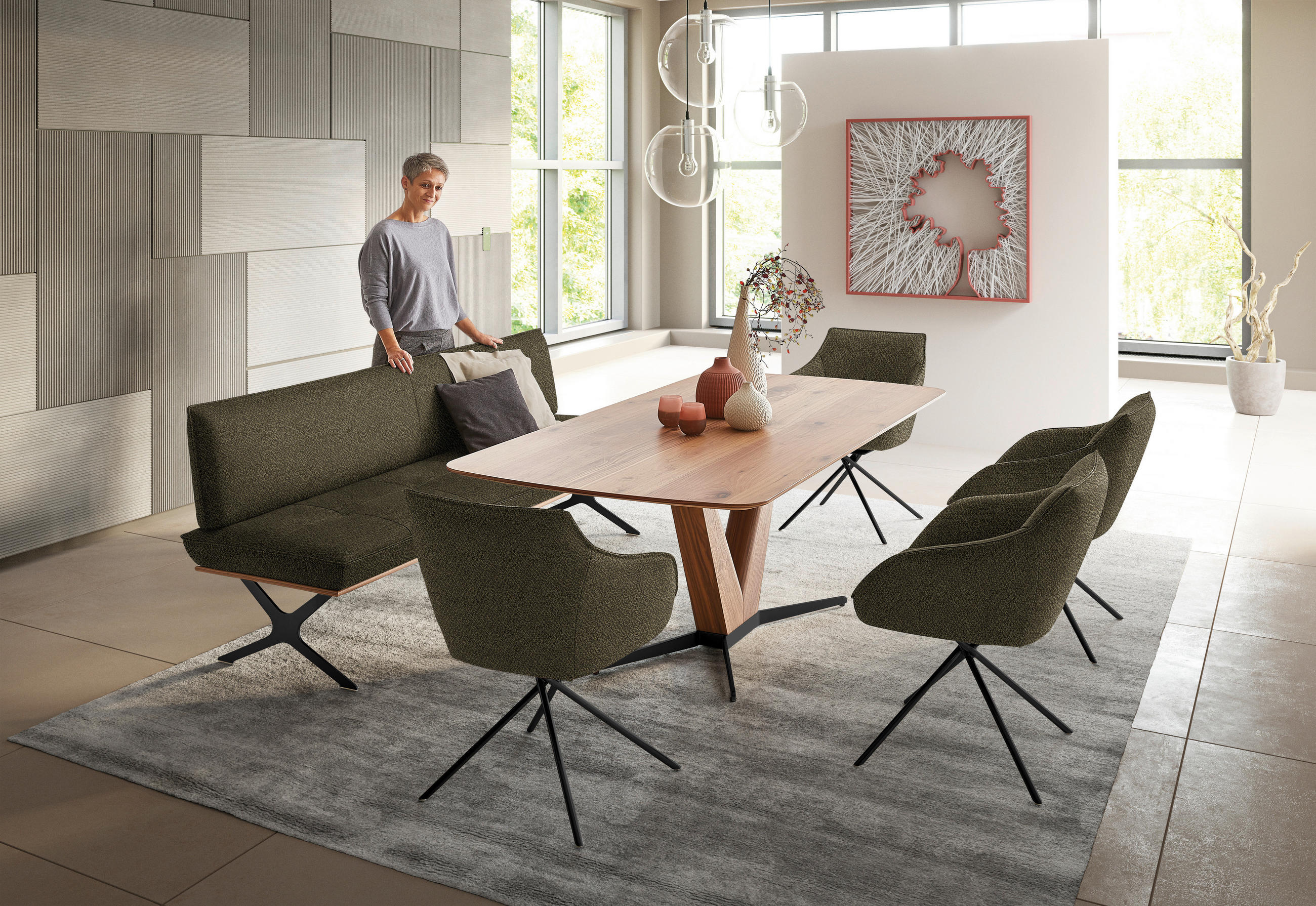 SITZBANK in Holz, Textil Schwarz, Nussbaumfarben, Olivgrün  - Nussbaumfarben/Schwarz, Design, Holz/Textil (214/88/66cm) - Koinor