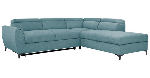 ECKSOFA Petrol Velours Bettkasten, Schlaffunktion, Rücken echt, Kopfteilverstellung, Liegefläche im Originalstoff  - Petrol/Schwarz, KONVENTIONELL, Textil/Metall (255/217cm) - Carryhome