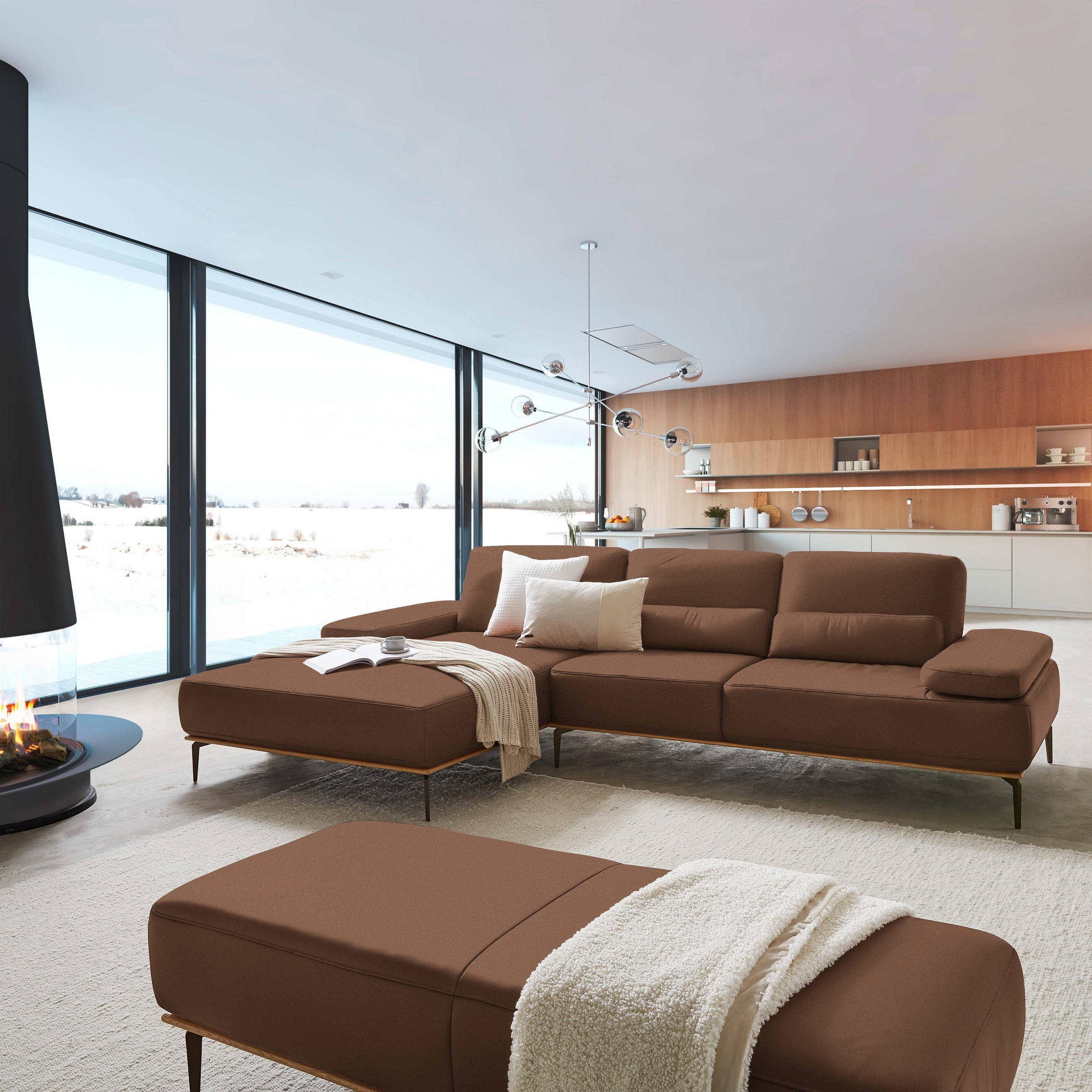 ECKSOFA in Echtleder Braun  176/314 cm  - Bronzefarben/Braun, Design, Leder/Holz (176/314cm) - Valnatura