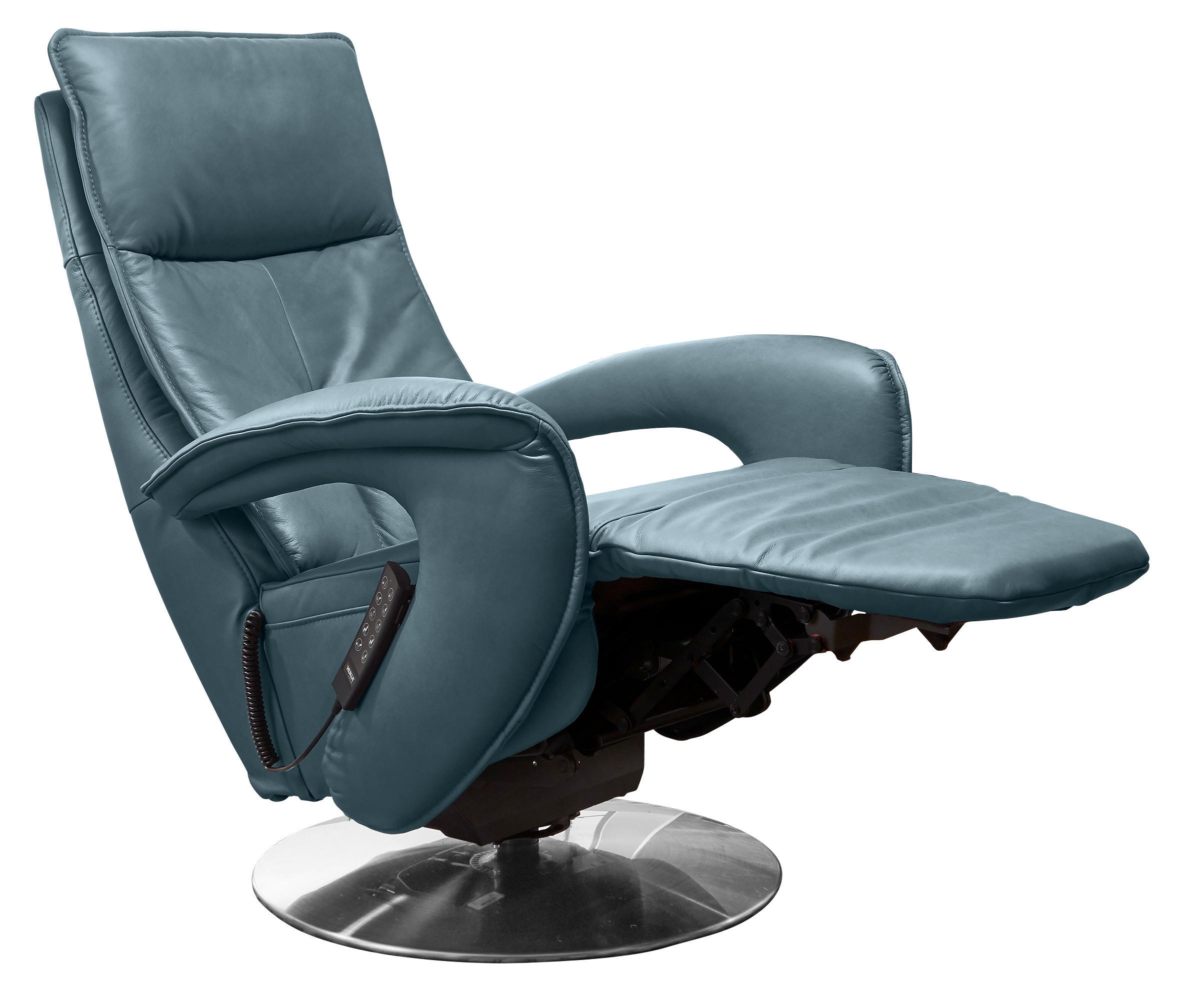 RELAXSESSEL Echtleder Relaxfunktion, Aufstehhilfe, Fußteilverstellung - Chromfarben/Hellblau, Design, Leder/Metall (77/110/87cm) - Valdera