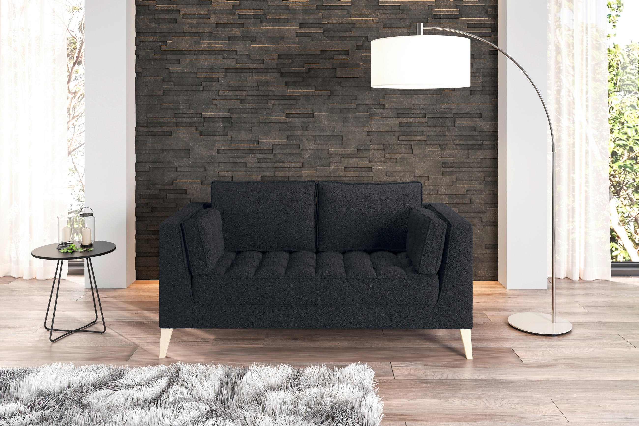 2-SITZER-SOFA in Bouclé Schwarz  - Schwarz/Naturfarben, Design, Holzwerkstoff/Textil (110/95/85cm) - MID.YOU