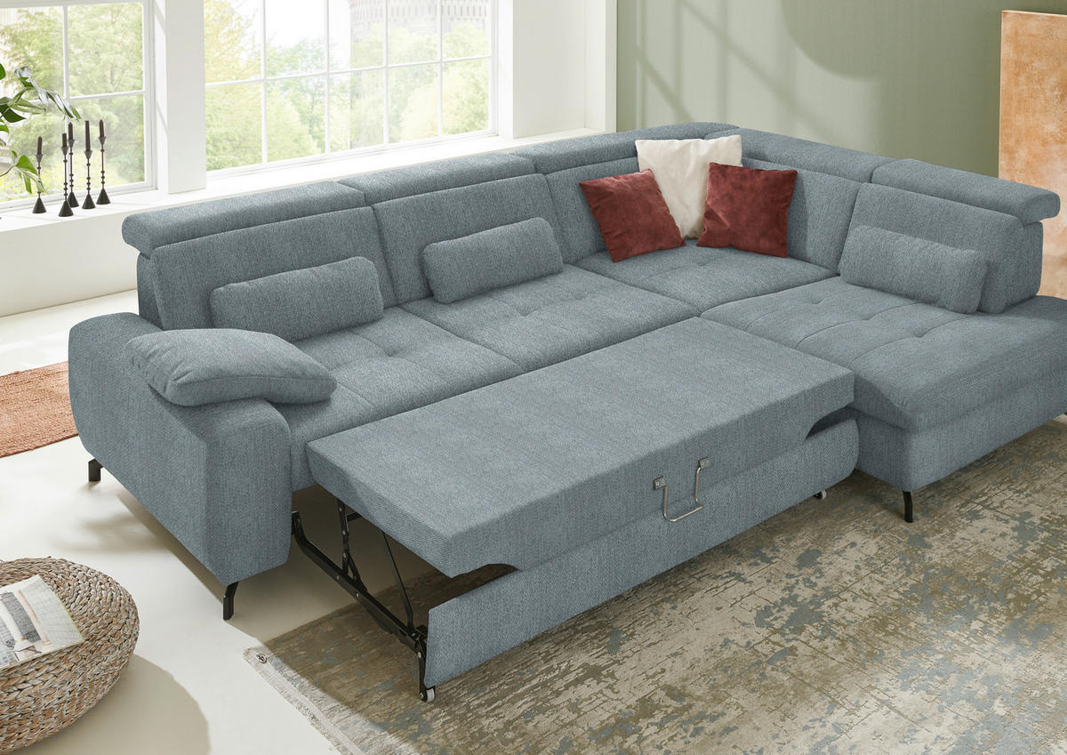 ECKSOFA in Chenille Blaugrau  - Blaugrau/Schwarz, Design, Textil/Metall (310/220cm) - Beldomo Style