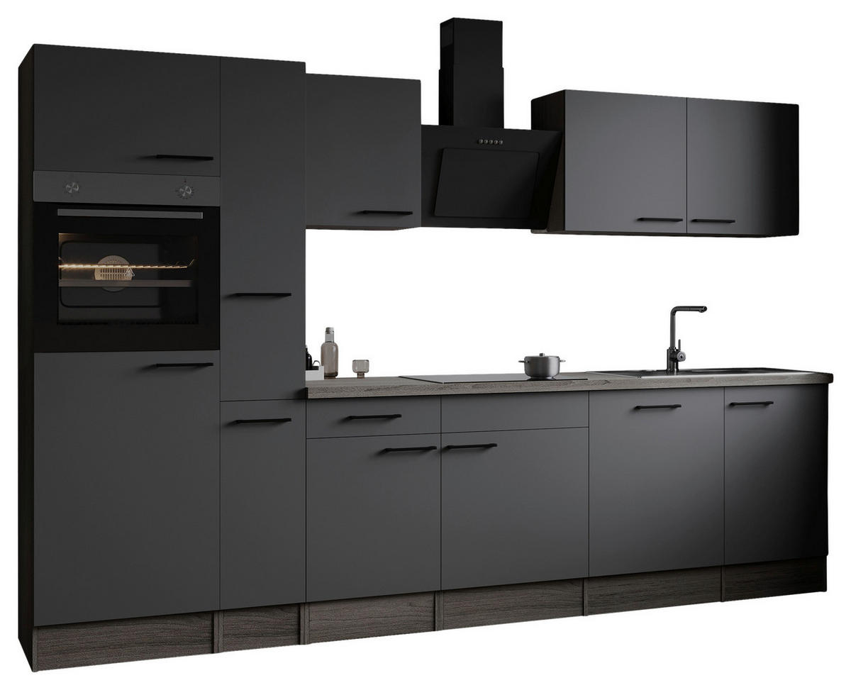 KÜCHENBLOCK 310 cm   in Grau, Eichefarben  - Eichefarben/Schwarz, Design, Holzwerkstoff/Metall (310cm) - Respekta