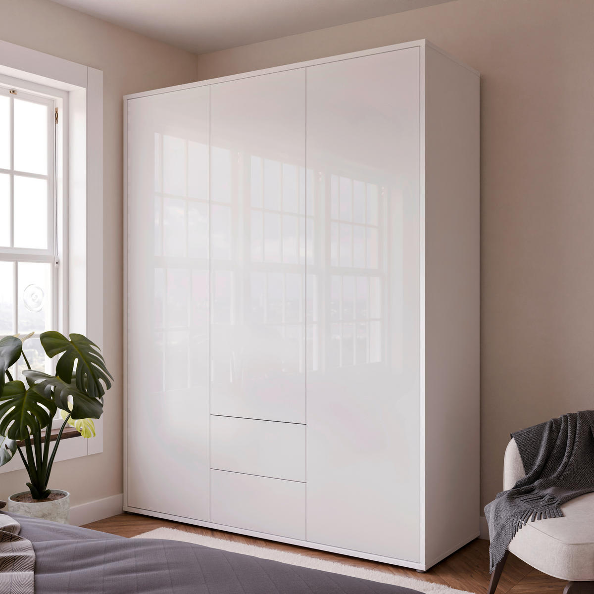 DREHTÜRENSCHRANK 169/214/60 cm,  in Weiß, Weiß Hochglanz, 3-türig  - Weiß Hochglanz/Weiß, Trend, Holzwerkstoff (169/214/60cm) - Carryhome