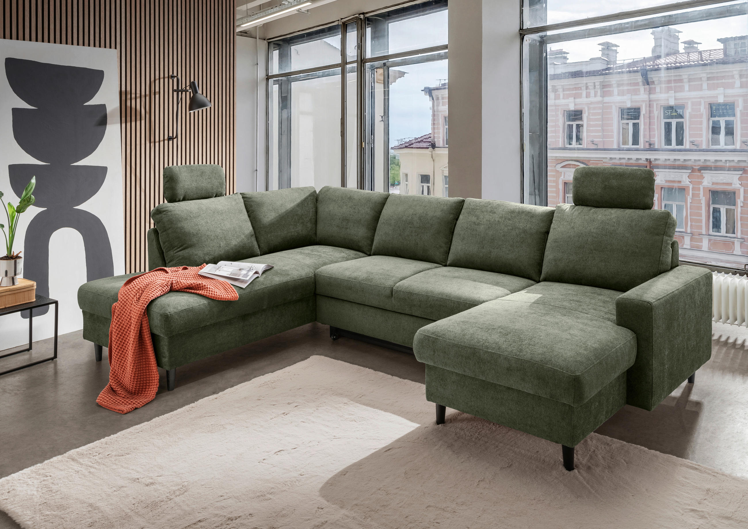 WOHNLANDSCHAFT in Chenille Dunkelgrün  - Dunkelgrün/Schwarz, Modern, Holz/Textil (200/305/153cm) - Livetastic