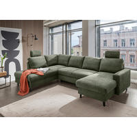 WOHNLANDSCHAFT in Chenille Dunkelgrün  - Dunkelgrün/Schwarz, Modern, Holz/Textil (200/305/153cm) - Livetastic