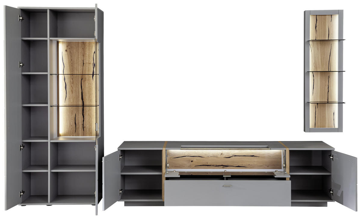 WOHNWAND  in Grau, Eichefarben 326/207/50 cm  - Eichefarben/Schwarz, Design, Glas/Holzwerkstoff (326/207/50cm) - MID.YOU