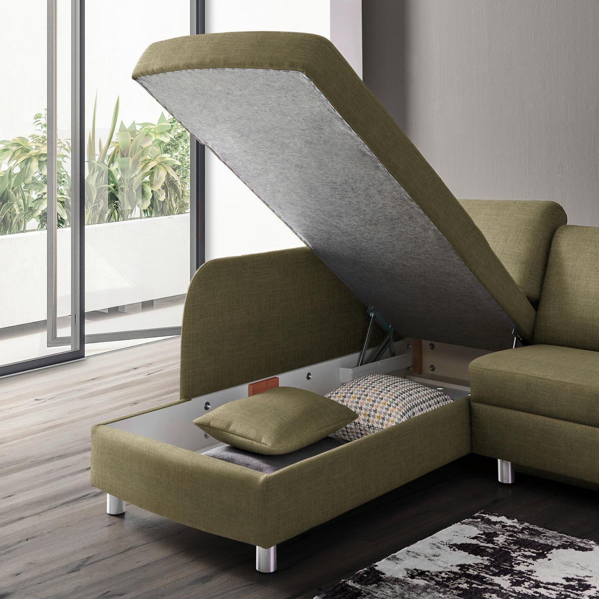 ECKSOFA in Chenille Olivgrün  208/227 cm  - Alufarben/Olivgrün, KONVENTIONELL, Textil/Metall (208/227cm) - Sedda