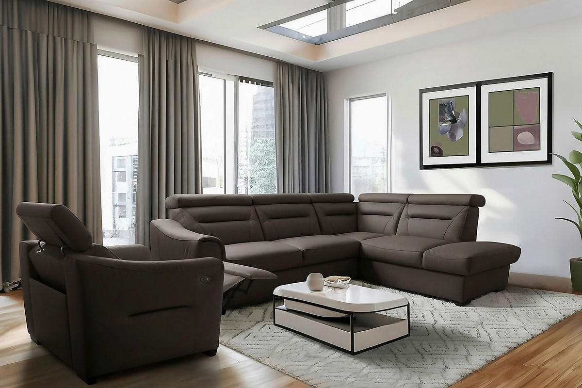 ECKSOFA  in Lederlook Echtleder Dunkelbraun  - Wengefarben/Dunkelbraun, Design, Leder/Holz (260/212cm) - Celina Home