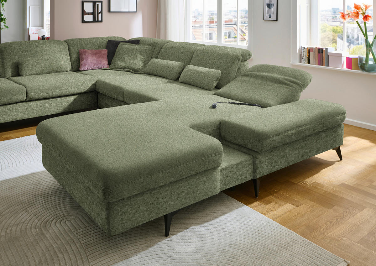 WOHNLANDSCHAFT Chenille Olivgrün  - Schwarz/Olivgrün, Design, Textil/Metall (255/364/198cm) - Beldomo Style