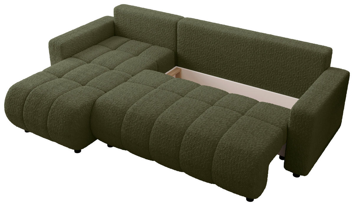 ECKSOFA Grün Bouclé Zierkissen, Rückenkissen, Bettkasten, Schlaffunktion, Rücken echt, Liegefläche im Originalstoff  - Schwarz/Grün, MODERN, Kunststoff/Textil (150/240cm) - Carryhome