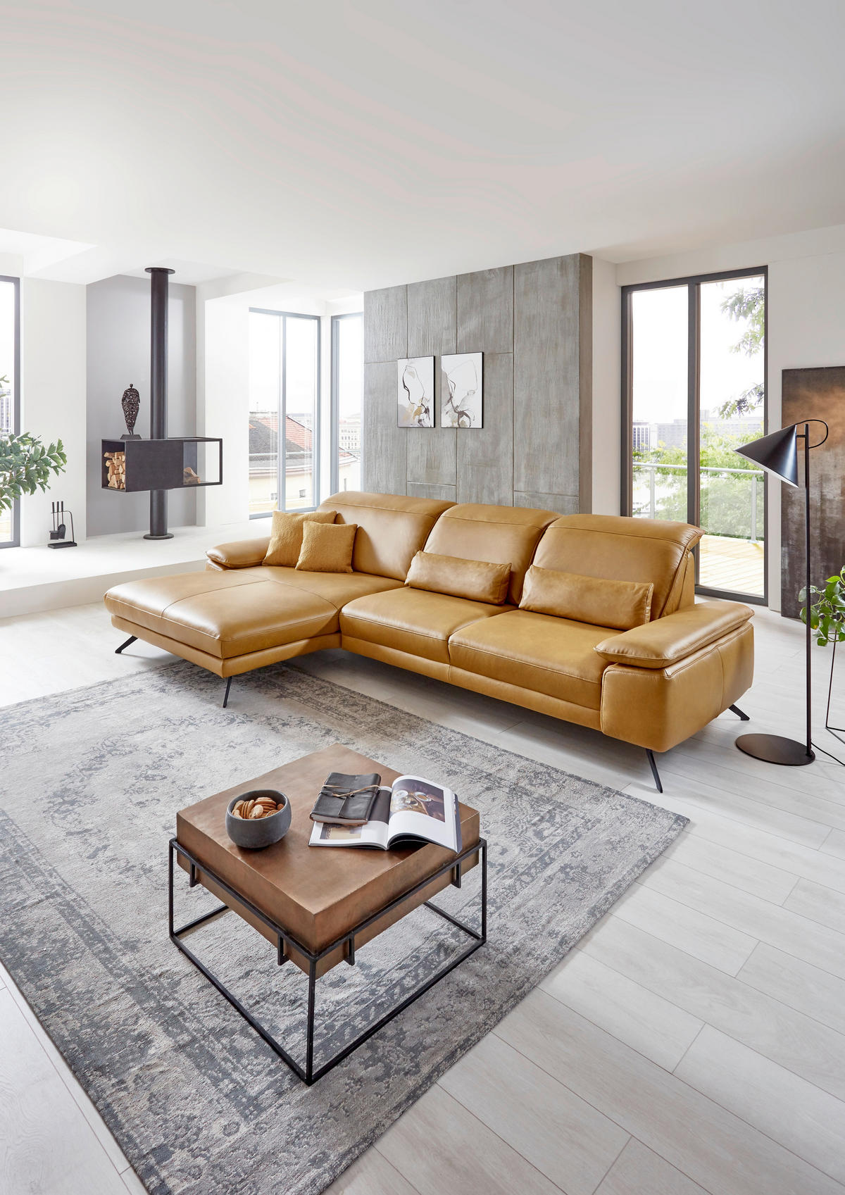ECKSOFA in Echtleder Hellbraun  - Hellbraun/Schwarz, Design, Leder/Metall (328/193cm) - Dieter Knoll