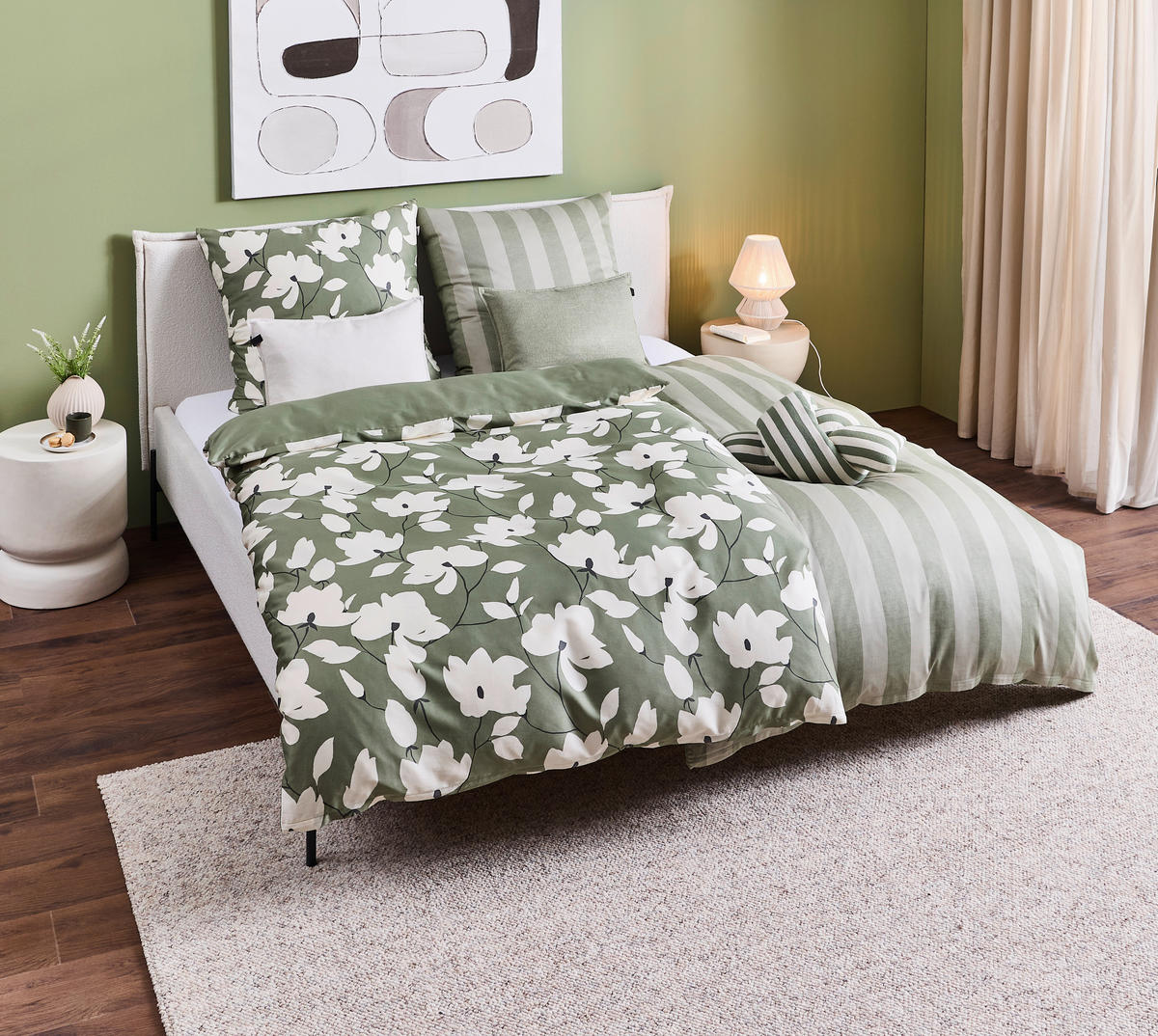 WENDEBETTWÄSCHE 2-teilig Schöner Wohnen - Fleur khaki Satin 135/200 cm  - Khaki/Grün, Design, Textil (135/200cm) - Schöner Wohnen