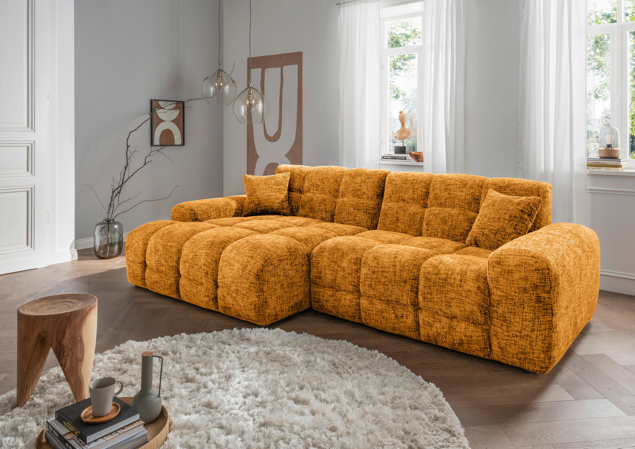 ECKSOFA in Struktur Goldfarben 152/301 cm - Goldfarben/Schwarz, MODERN, Kunststoff/Textil (152/301cm) - Livetastic