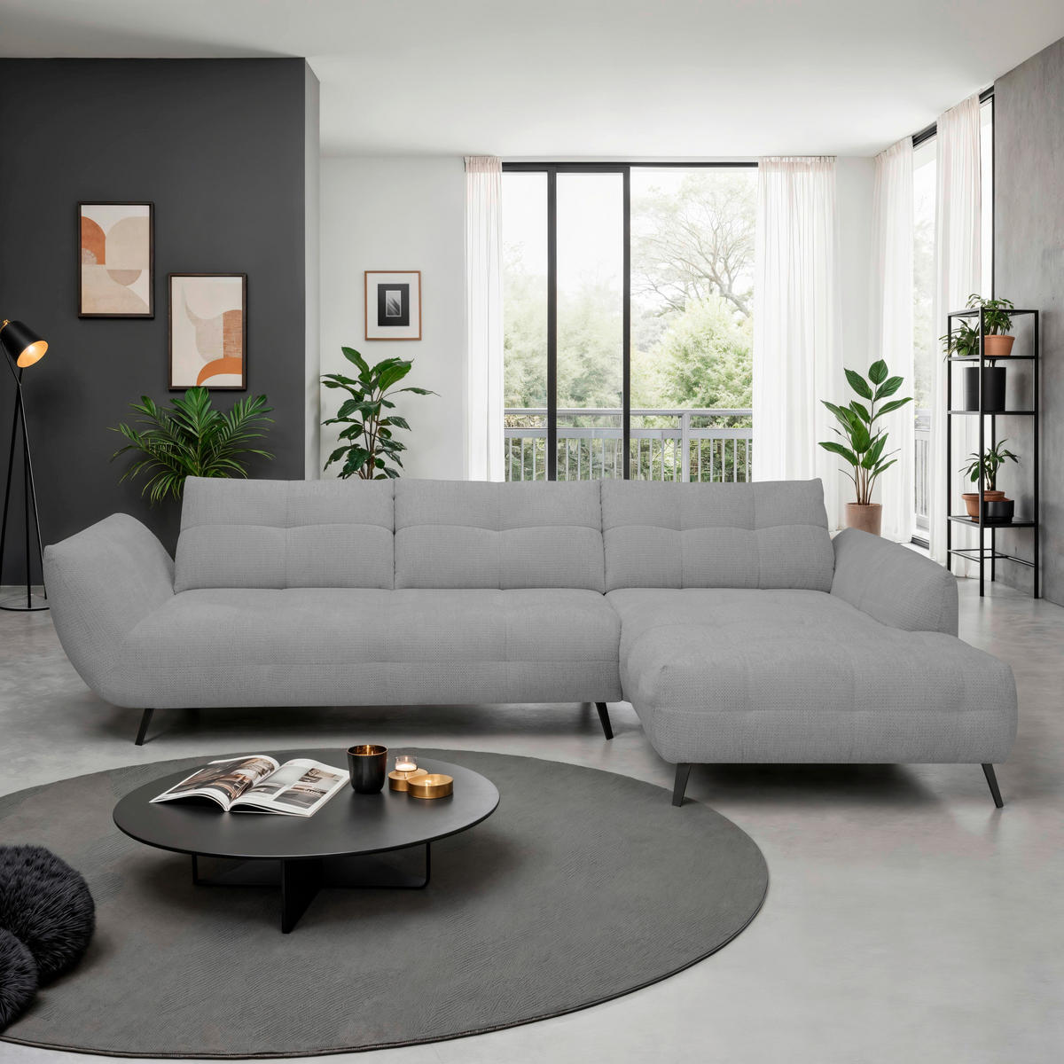 ECKSOFA Grau Chenille Armlehnenkissen, Rücken echt, Sitztiefenverstellung  - Schwarz/Grau, KONVENTIONELL, Textil/Metall (313/215cm) - Hom`in