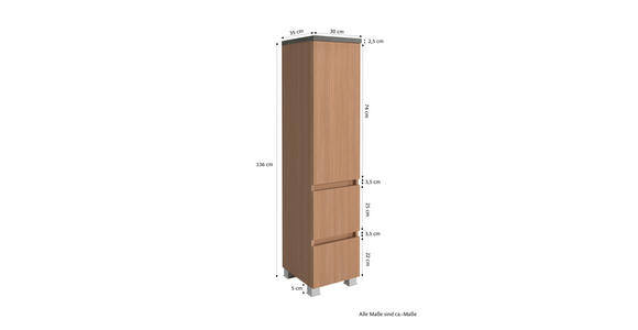 MIDISCHRANK 30/131/35 cm  - Eichefarben/Silberfarben, KONVENTIONELL, Holzwerkstoff/Kunststoff (30/131/35cm) - Xora