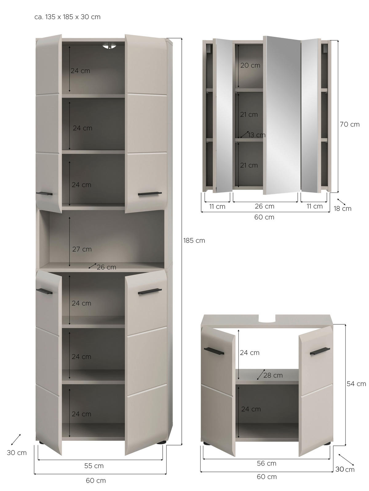 BADEZIMMER 3-teilig  in 120 cm  - Kaschmir/Schwarz, Trend, Glas/Holzwerkstoff (120cm) - MID.YOU