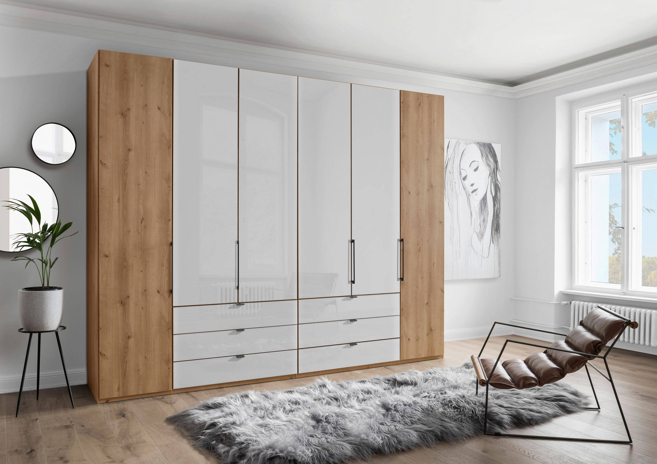 DREHTÜRENSCHRANK in Weiss, Eiche Bianco  - Schieferfarben/Weiss, Konventionell, Glas/Holzwerkstoff (300/216/58cm) - Dieter Knoll