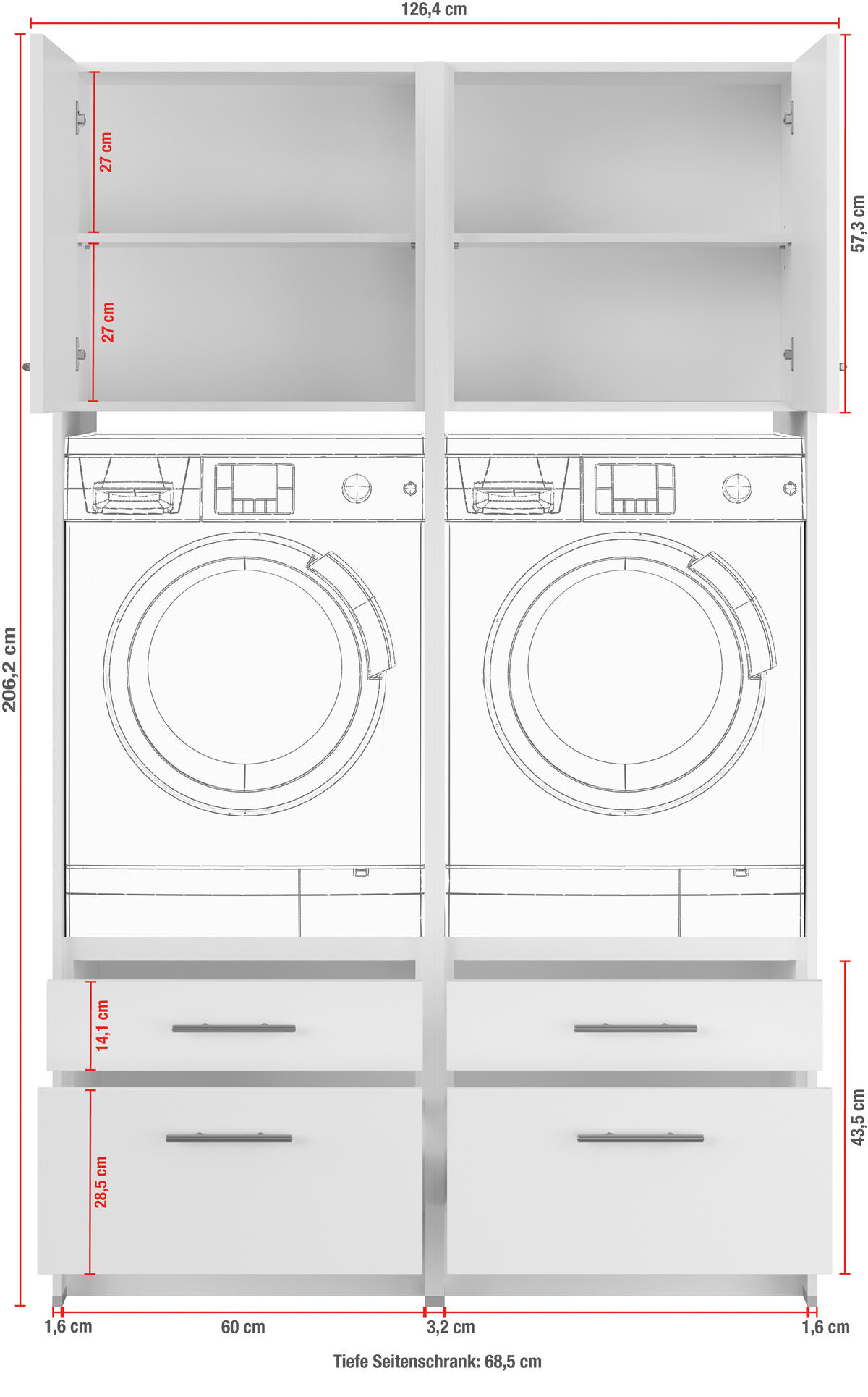 WASCHMASCHINENSCHRANK 126,4/206,2/68,5 cm Hellgrau  - Hellgrau/Schwarz, Basics, Holzwerkstoff/Metall (126,4/206,2/68,5cm) - Impuls