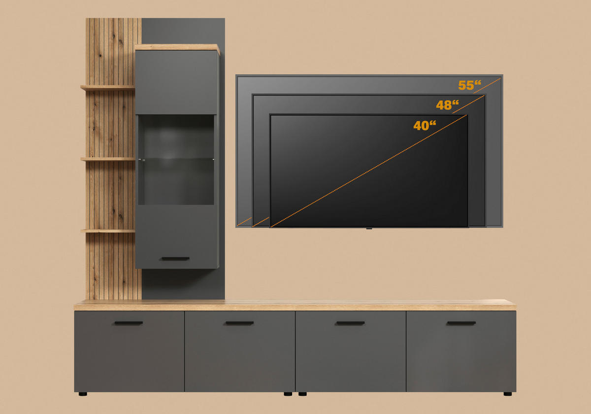 WOHNWAND 3-teilig  in Anthrazit, Eichefarben  240/212/40 cm  - Eichefarben/Anthrazit, Design, Glas/Holzwerkstoff (240/212/40cm) - MID.YOU