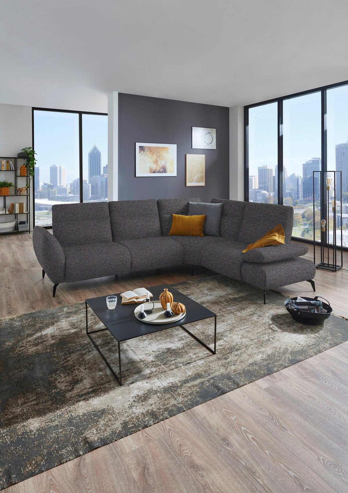 ECKSOFA in Webstoff Dunkelgrau  - Dunkelgrau/Schwarz, Design, Textil/Metall (290/223cm) - Moderano