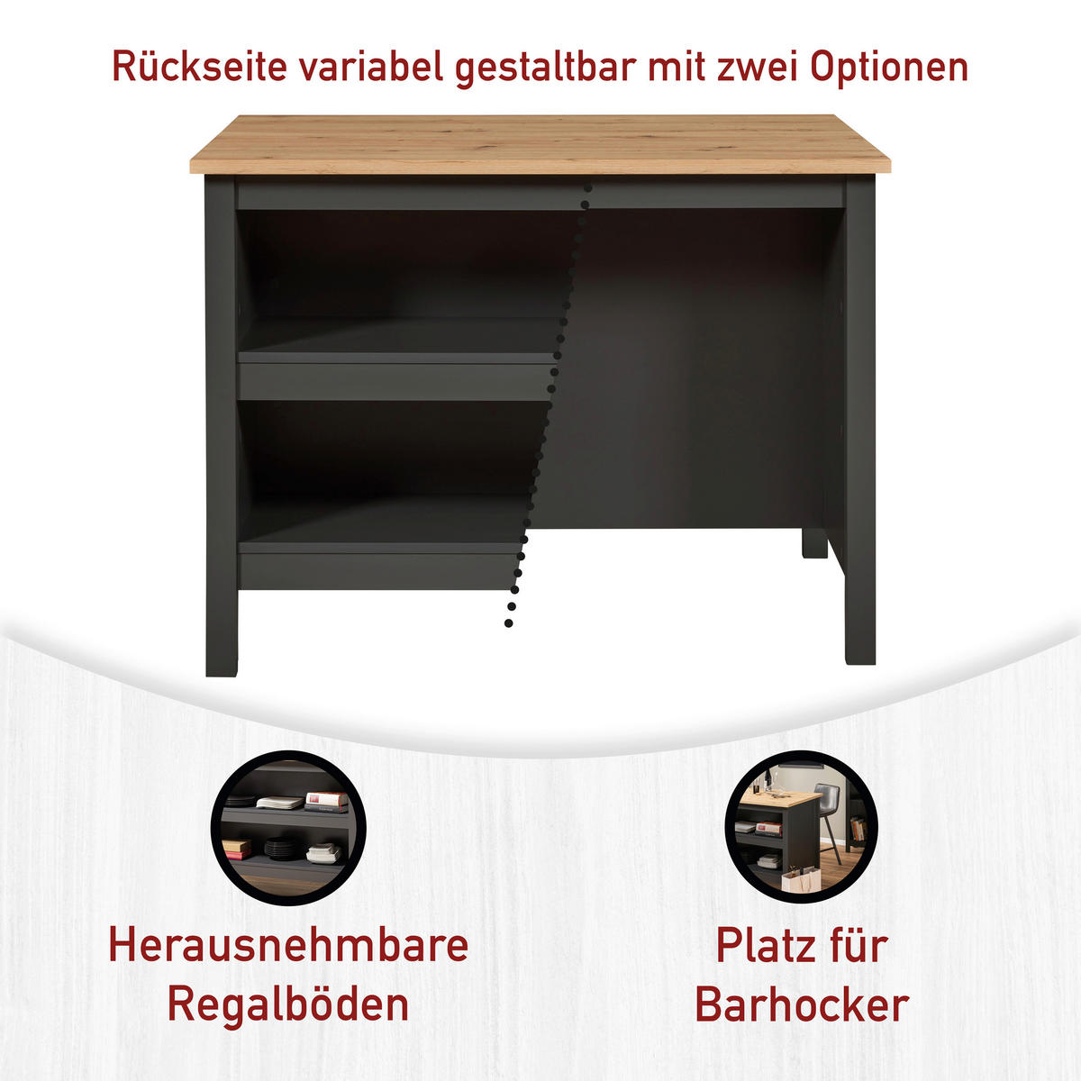 KÜCHENINSEL 124/91/75 cm  in Anthrazit, Eiche Artisan  - Anthrazit/Schwarz, MODERN, Holzwerkstoff/Metall (124/91/75cm) - home24