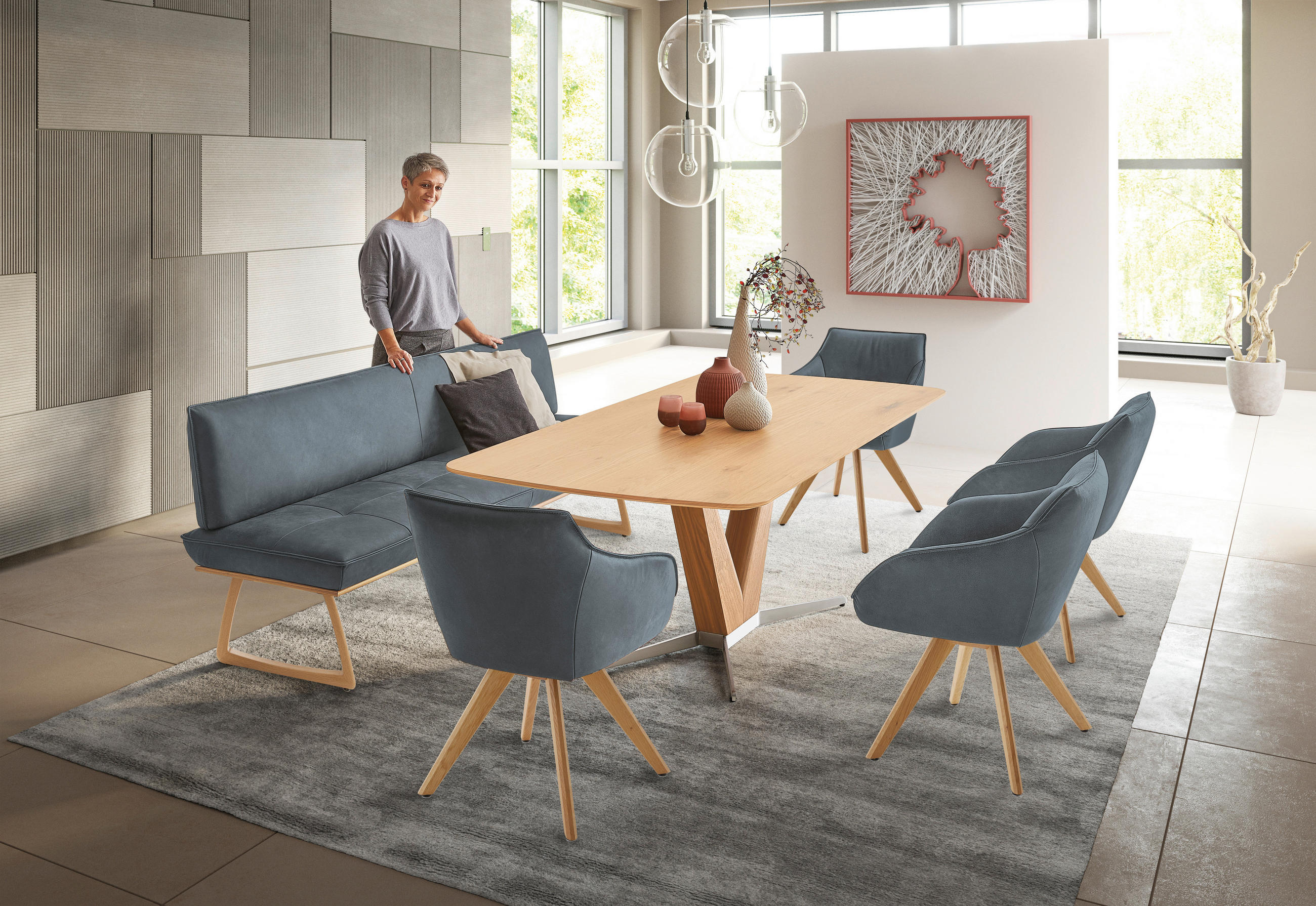 SITZBANK 214/88/66 cm Echtleder Wildeiche, Graublau Wildeiche furniert, massiv Holz  - Wildeiche/Graublau, Design, Leder/Holz (214/88/66cm) - Koinor