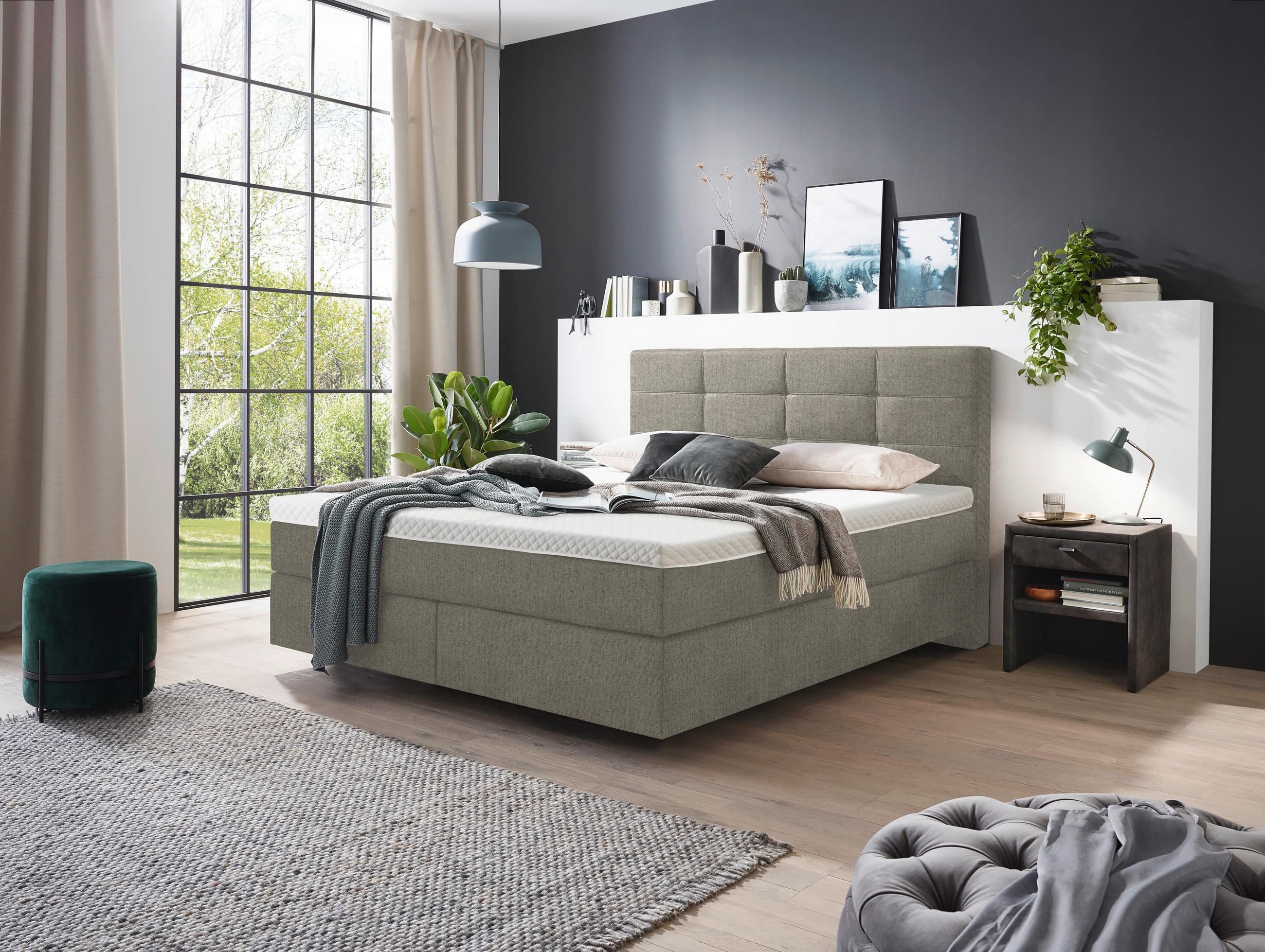 Thumbnail - Voleo Boxspringbett, Greige, Textil, H3 + H4, 7-Zonen, Höhe ca. 18 cm, 180x200 cm, Über- und Sondergrößen erhältlich, ge...