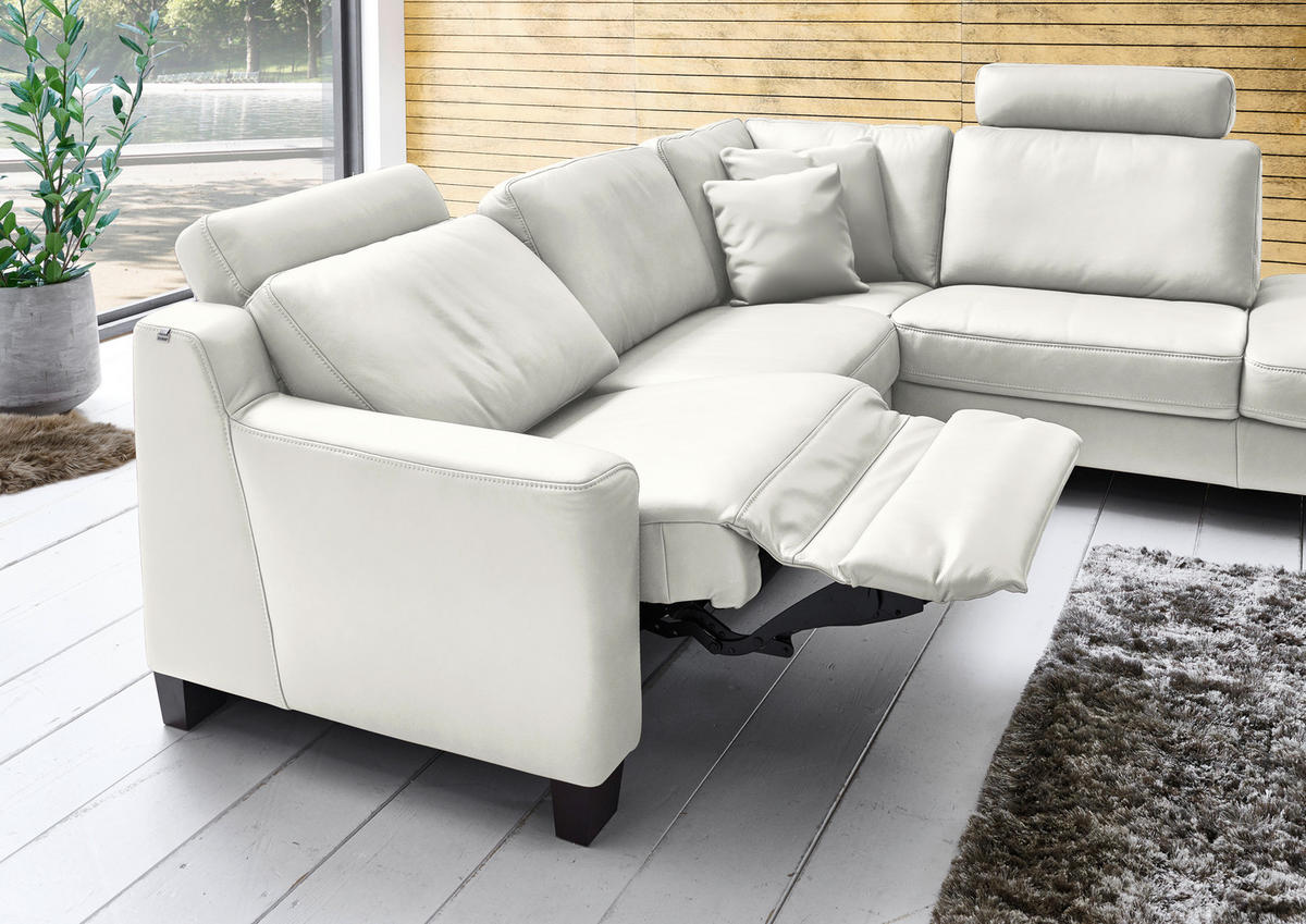 ECKSOFA in Echtleder Ecru  - Ecru/Eichefarben, Design, Leder/Holz (259/235cm) - Valdera
