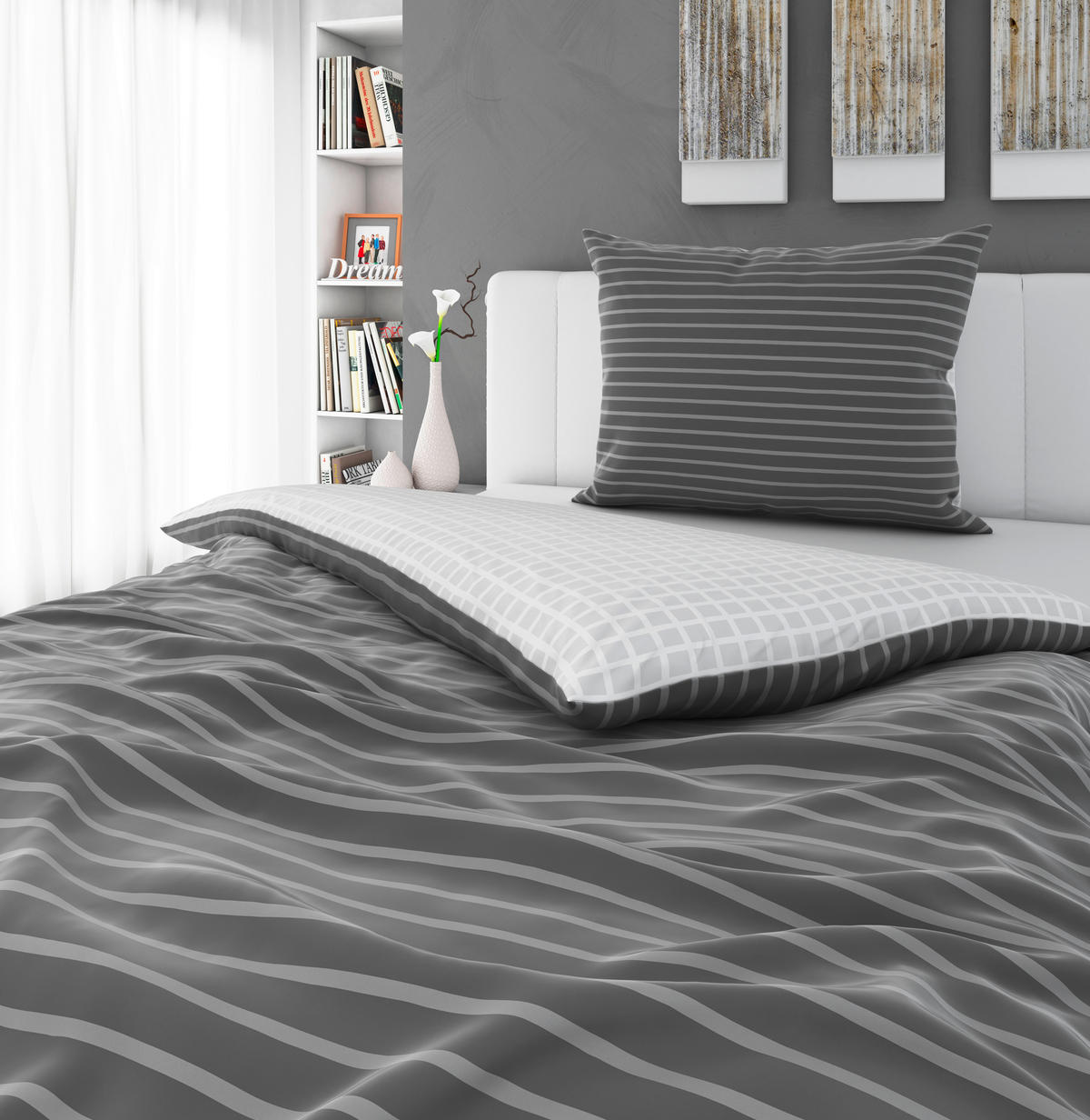 OBOJESTRANSKA POSTELJNINA 140/200 cm saten siva, bela  - siva/bela, Konvencionalno, tekstil (140/200cm) - Esposa