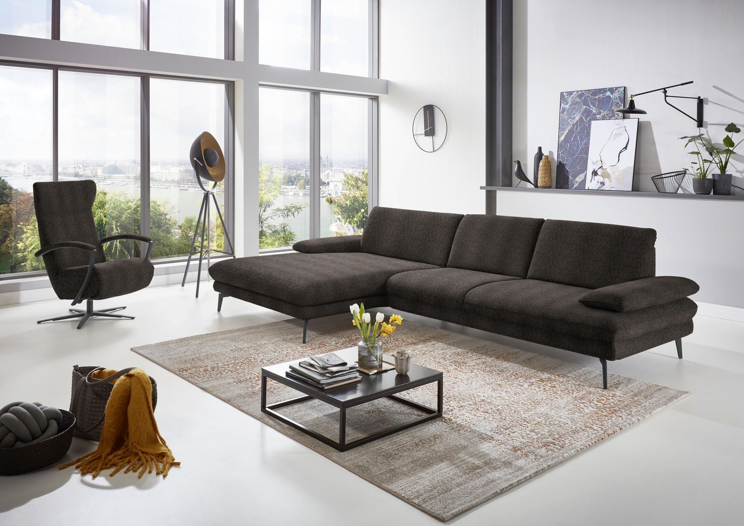 ECKSOFA in Chenille Fango  - Fango/Schwarz, Design, Textil/Metall (180/310cm) - Dieter Knoll