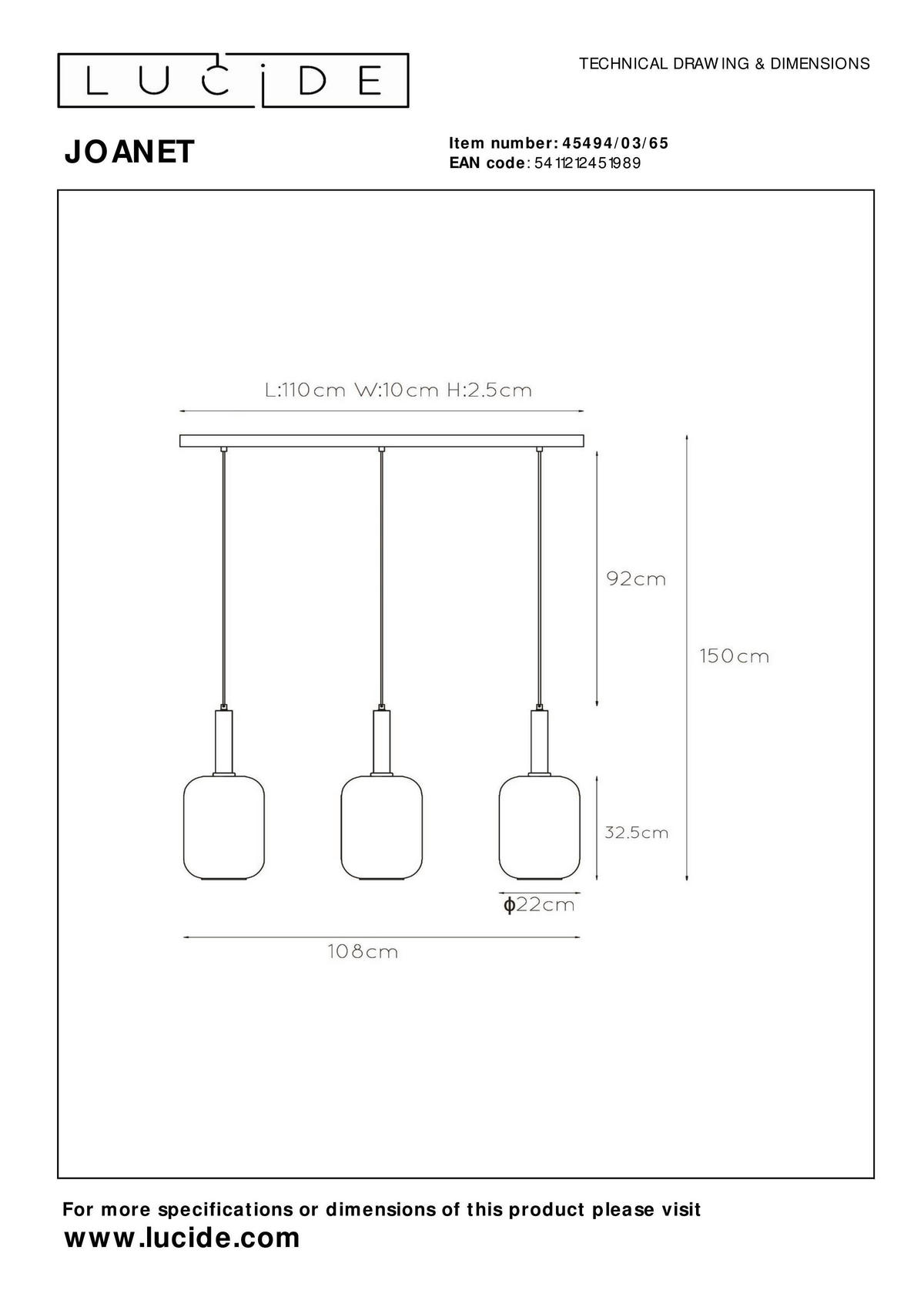 HÄNGELEUCHTE Joanet 110/22/150 cm   - Hellgrau, Design, Glas (110/22/150cm) - Lucide