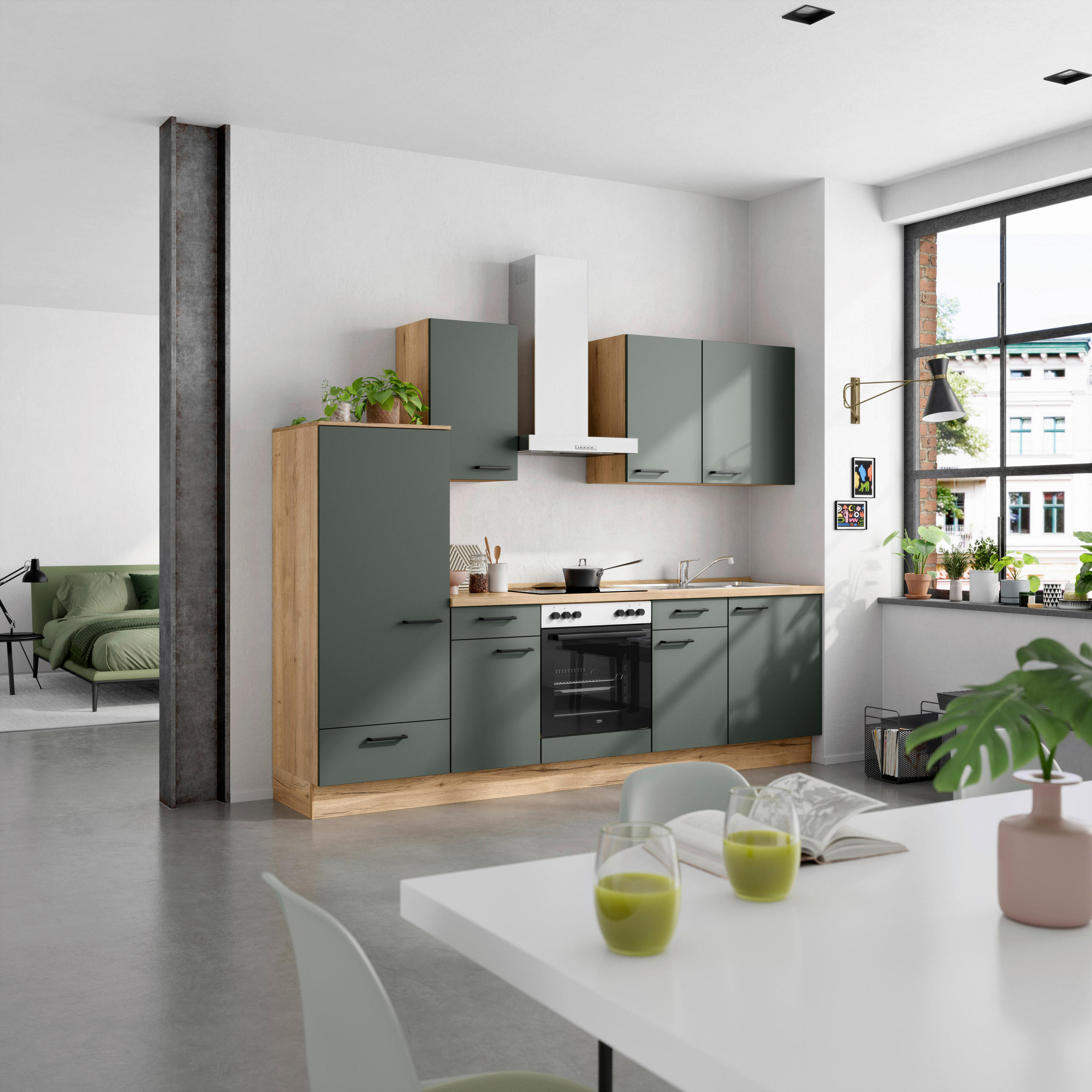 KÜCHENBLOCK 270 cm   in Eichefarben, Dunkelgrün  - Dunkelgrün/Eichefarben, MODERN, Holzwerkstoff/Metall (270cm) - Nobilia