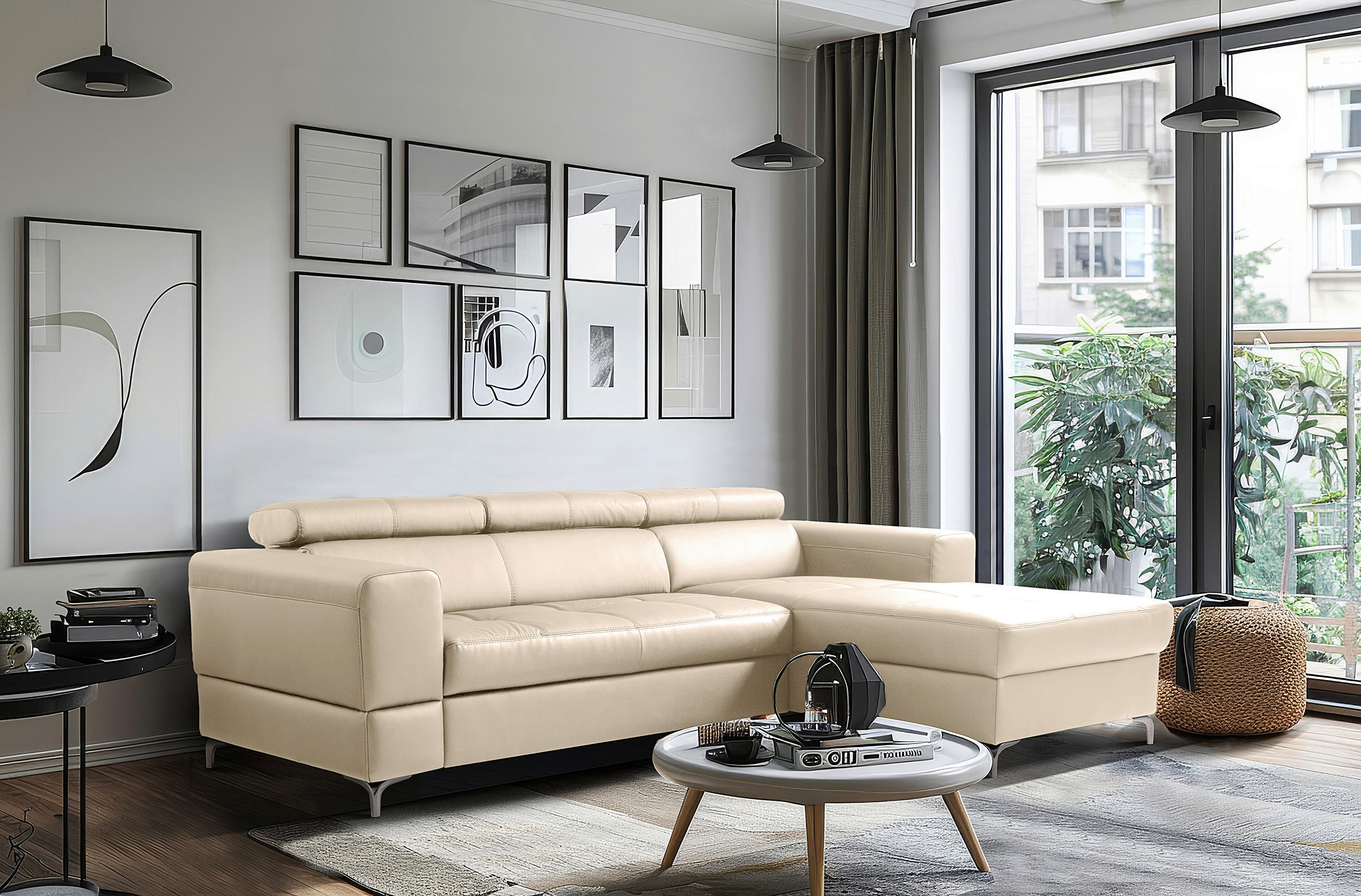 ECKSOFA Grau Echtleder Lederlook  - Schwarz/Grau, Design, Leder/Textil (247/173cm) - Livetastic